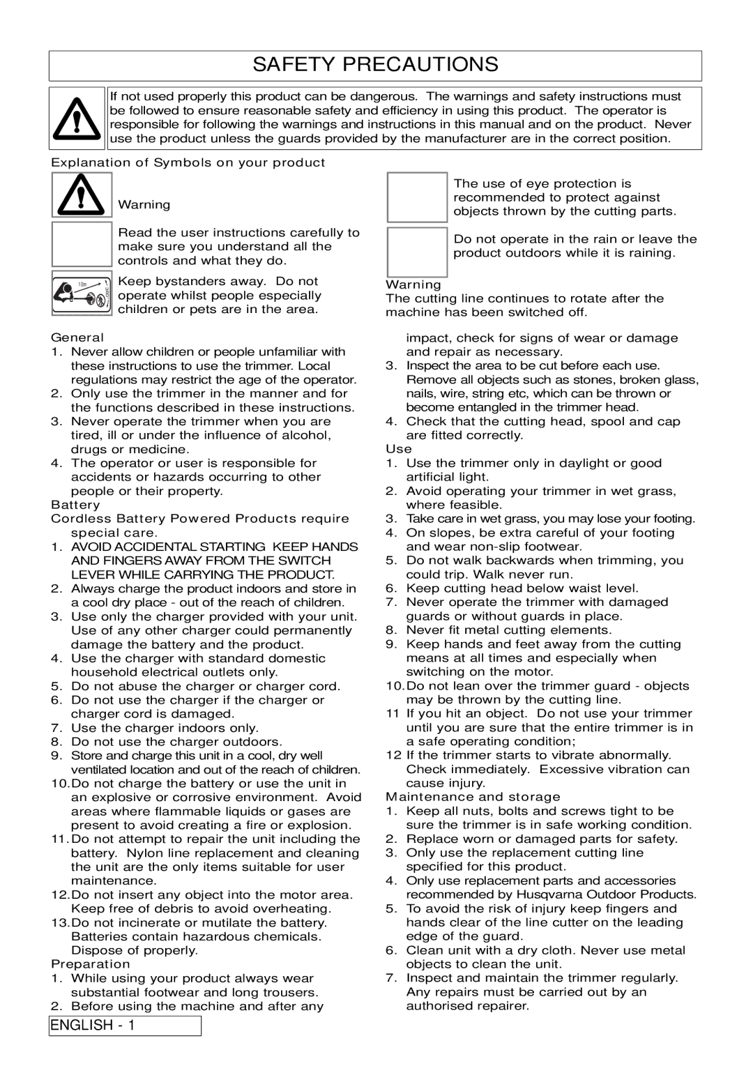 Flymo Contour Power Plus Cordless Trimmer manual Explanation of Symbols on your product, General, Preparation, Use 