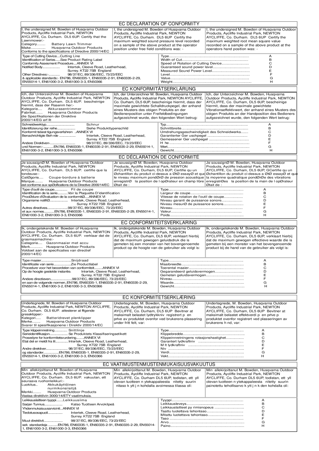 Flymo Contour Power Plus Cordless Trimmer EC Declaration of Conformity, EC Konformitätserklärung, EC Konformitetserklæring 