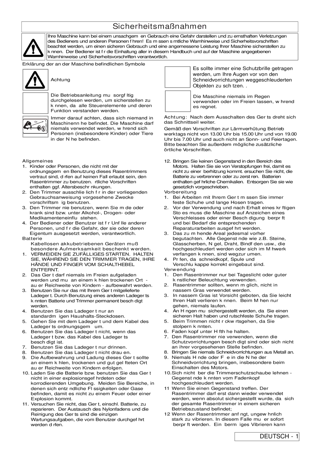 Flymo Contour Power Plus Cordless Trimmer manual Sicherheitsmaßnahmen, Erklärung der an der Maschine befindlichen Symbole 