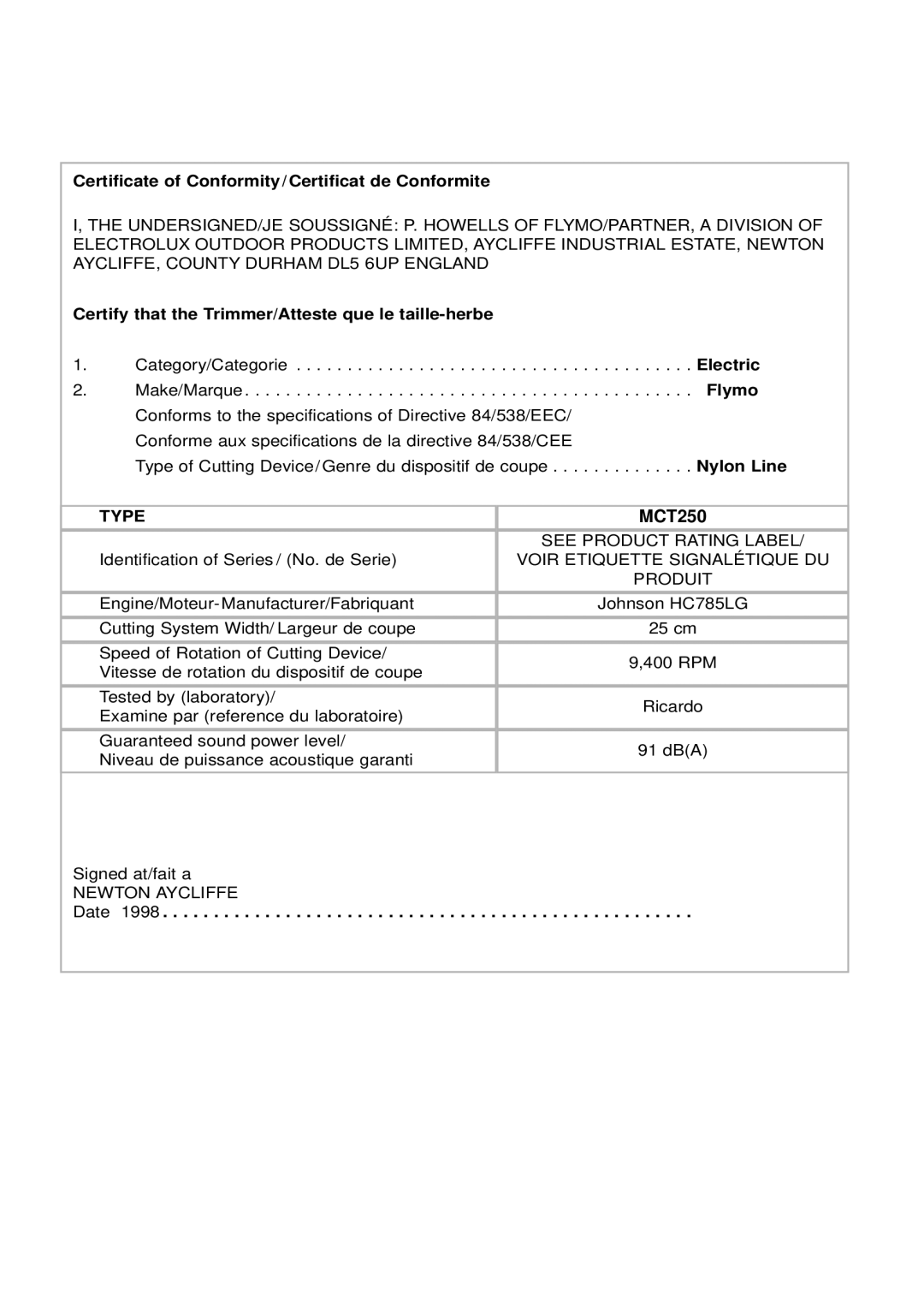 Flymo CT250 plus Certificate of Conformity/Certificat de Conformite, Certify that the Trimmer/Atteste que le taille-herbe 