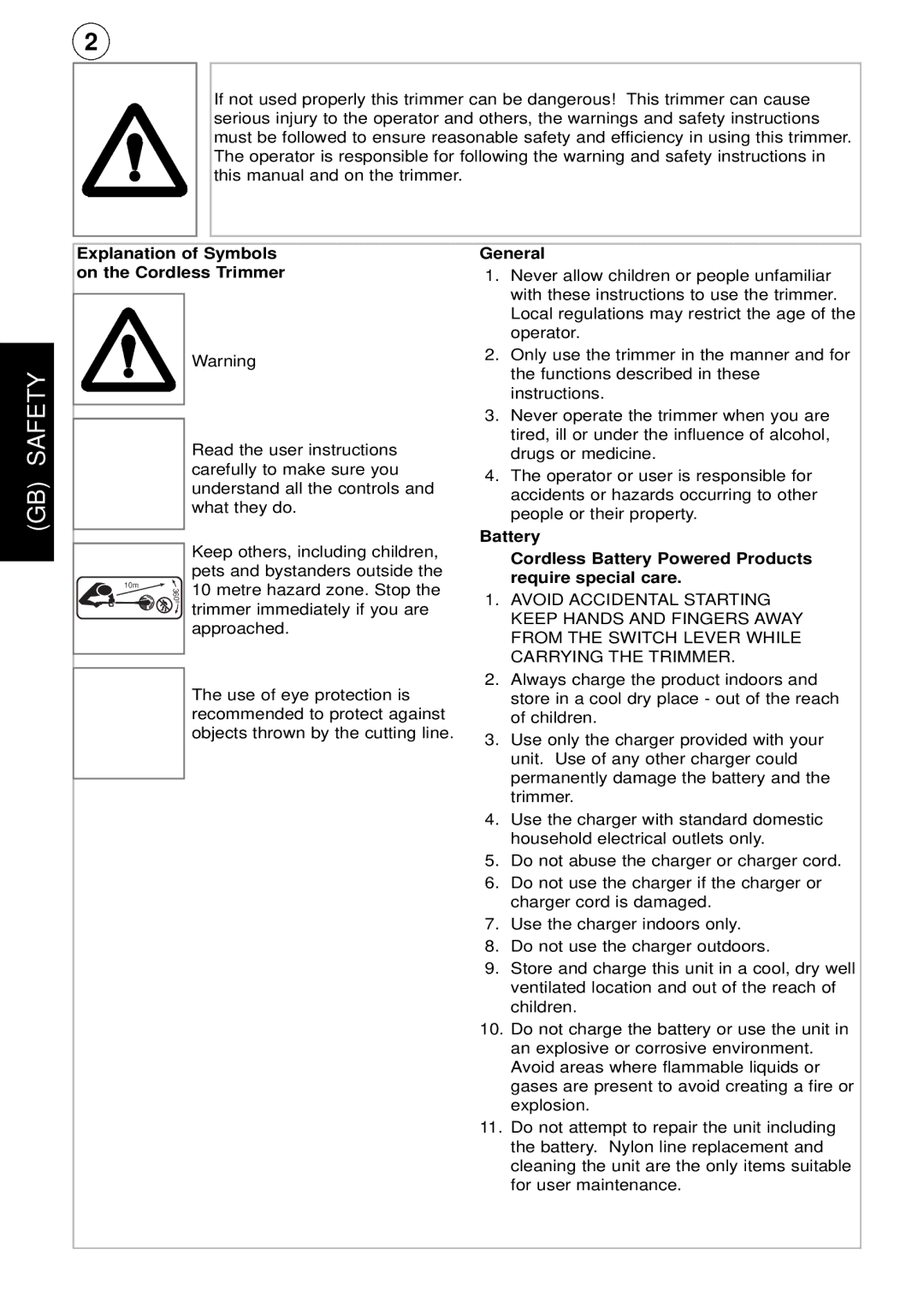 Flymo CT250 plus instruction manual GB Safety, Explanation of Symbols On the Cordless Trimmer, General 