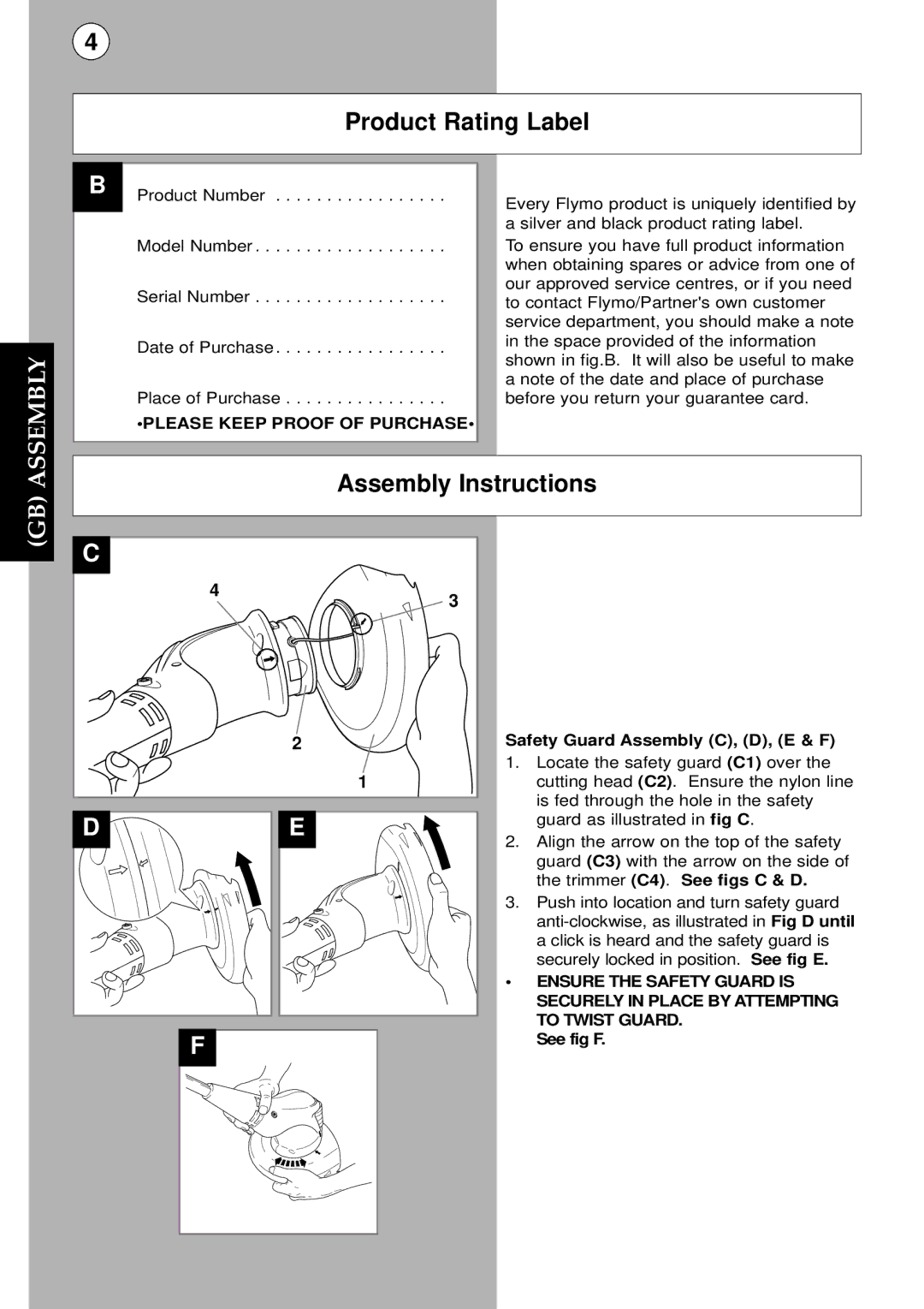 Flymo CT250 plus instruction manual Product Rating Label, Assembly Instructions 