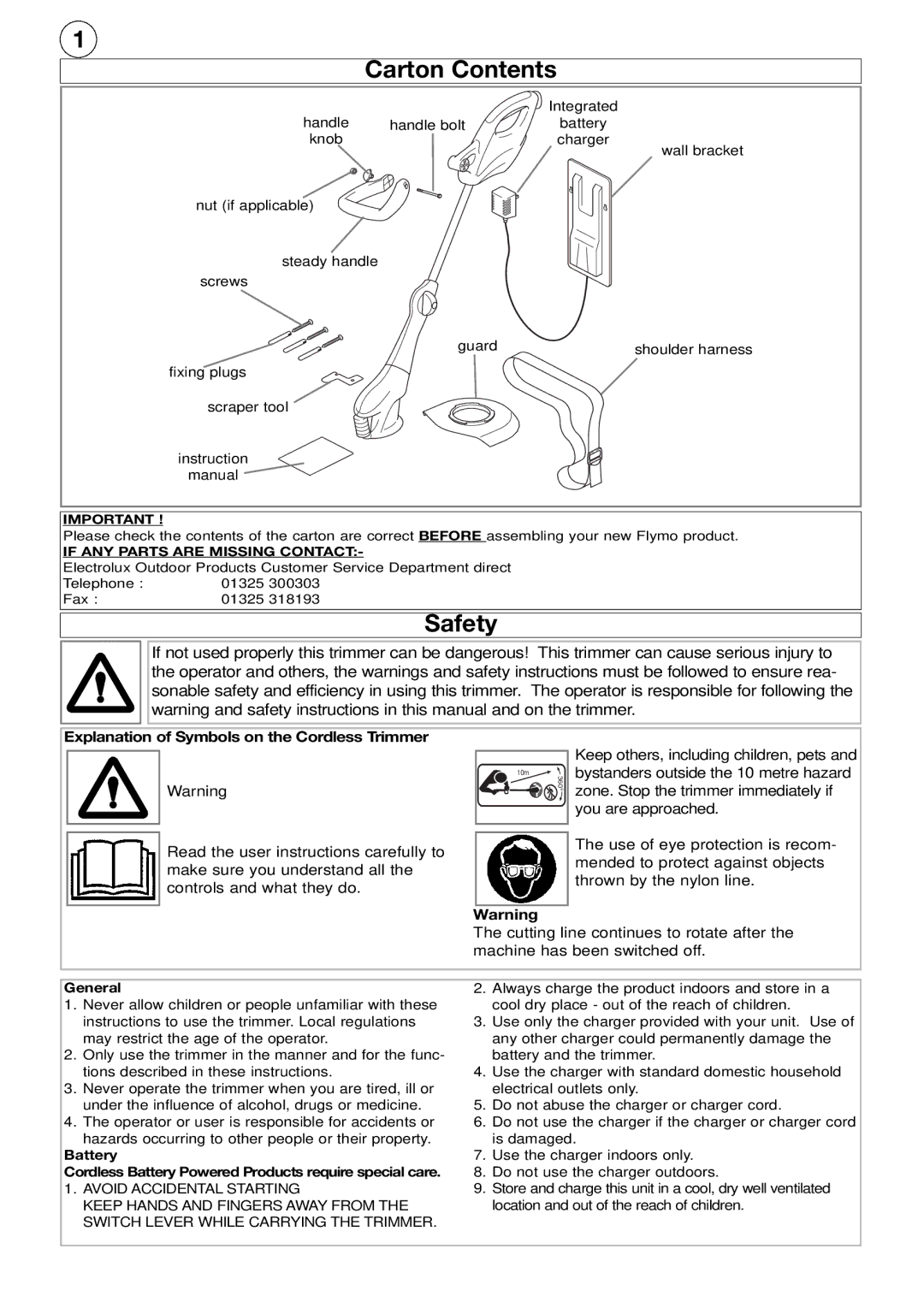 Flymo CT250 manual Carton Contents, Safety 