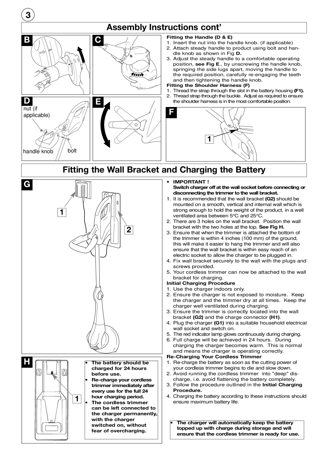 Flymo CT250 manual Assembly Instructions cont’, Fitting the Wall Bracket and Charging the Battery, See Fig H 