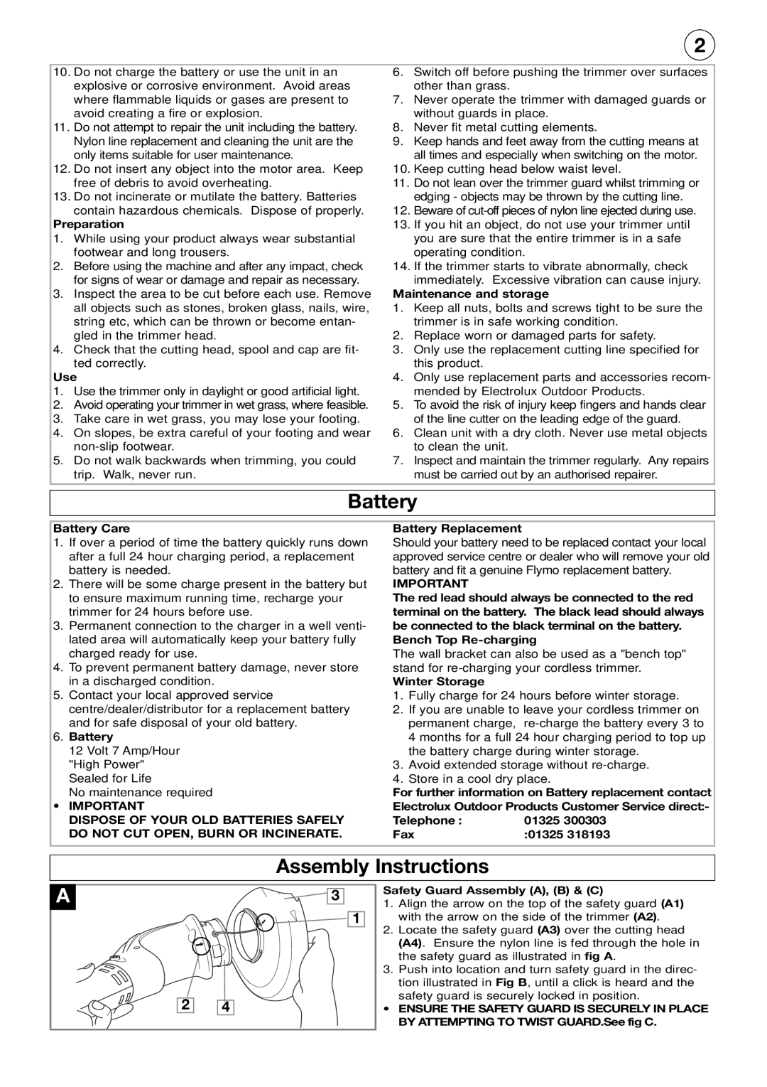 Flymo CT250 manual Battery, Assembly Instructions, 3 1 