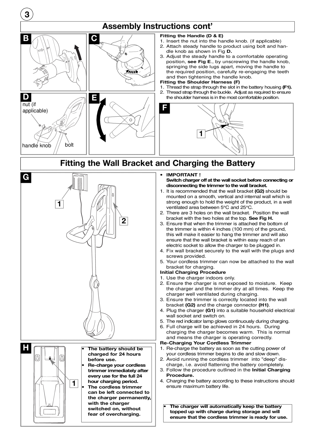 Flymo CT250 manual Assembly Instructions cont’, Fitting the Wall Bracket and Charging the Battery, nut if, applicable, bolt 