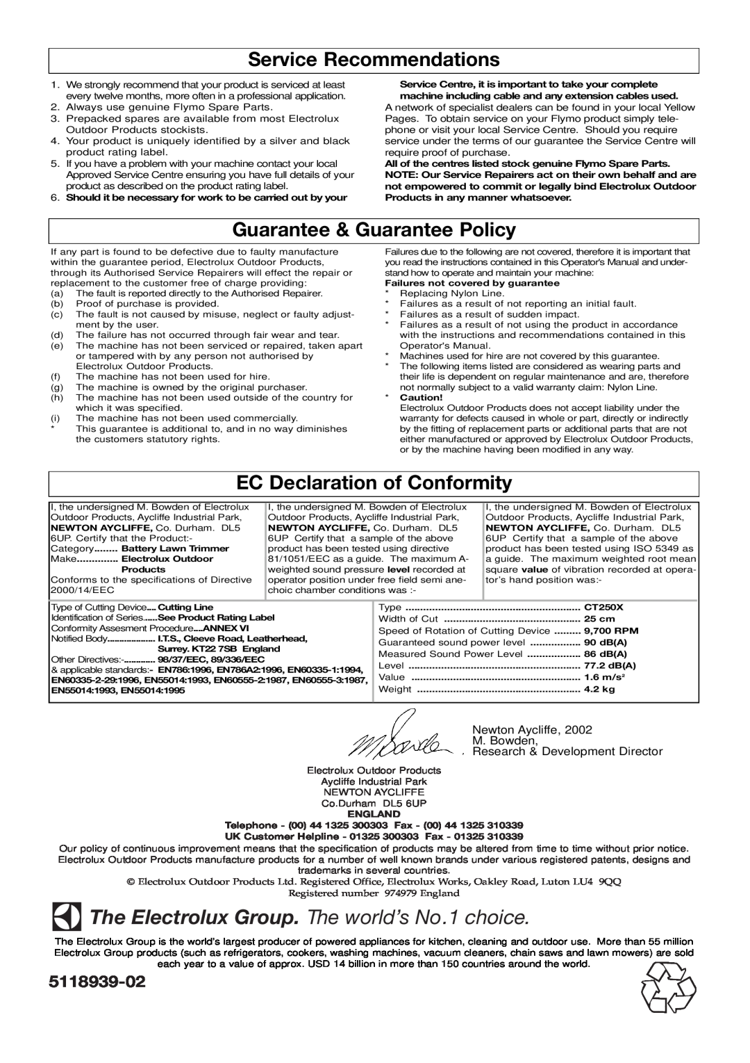 Flymo CT250 manual Service Recommendations, Guarantee & Guarantee Policy, EC Declaration of Conformity, 5118939-02, England 