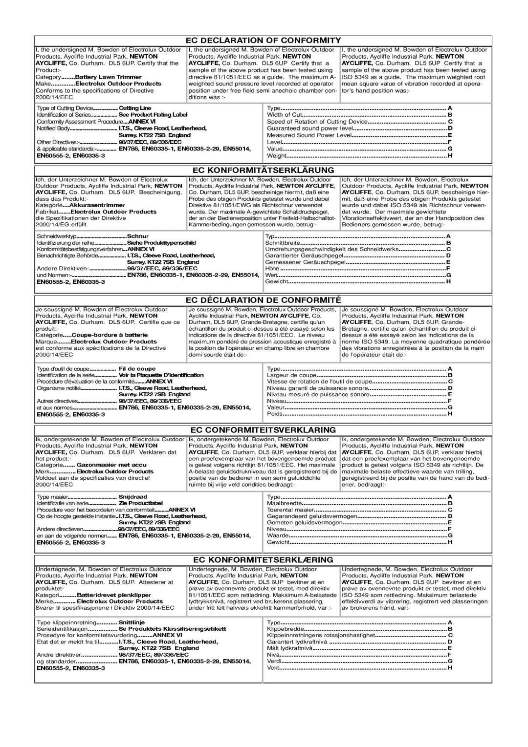 Flymo CT250X manual EC Declaration of Conformity, EC Konformitätserklärung, EC Déclaration DE Conformité 