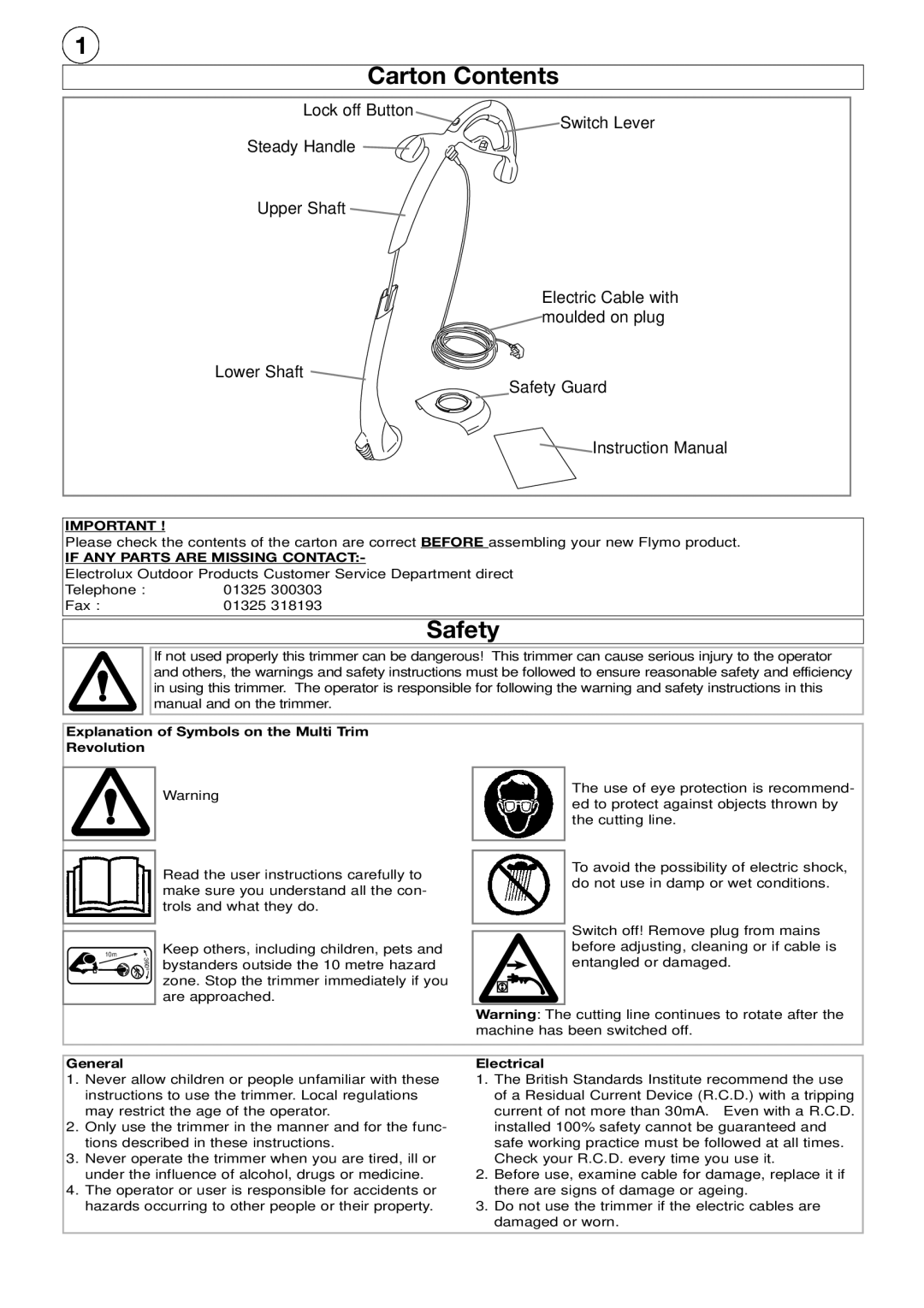 Flymo Edger And Trimmer manual Carton Contents, Safety 