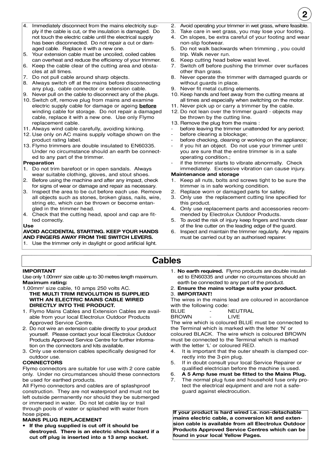 Flymo Edger And Trimmer manual Cables, Connectors, Mains Plug Replacement 