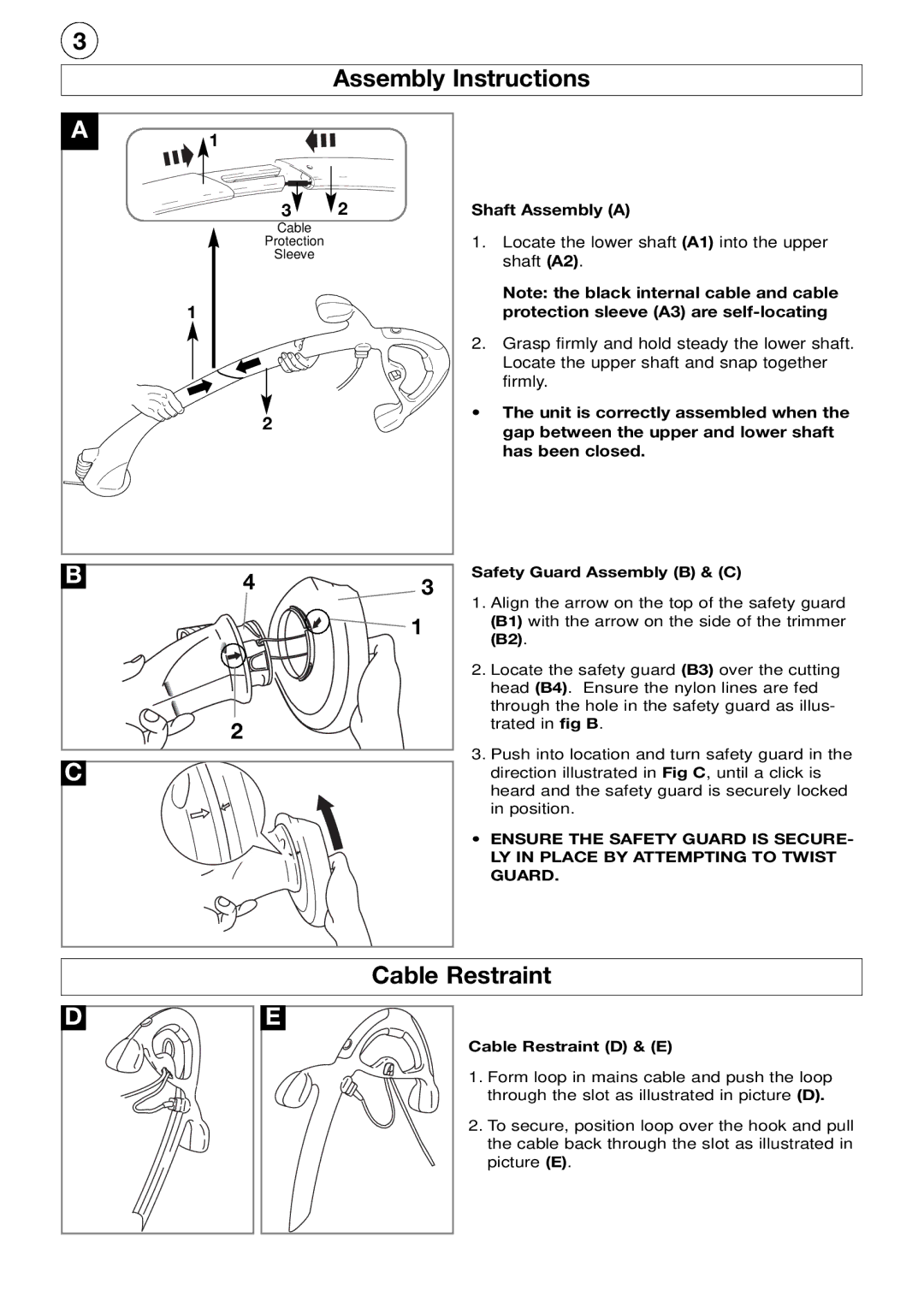 Flymo Edger And Trimmer manual Assembly Instructions, Cable Restraint, Locate the lower shaft, Shaft A2 