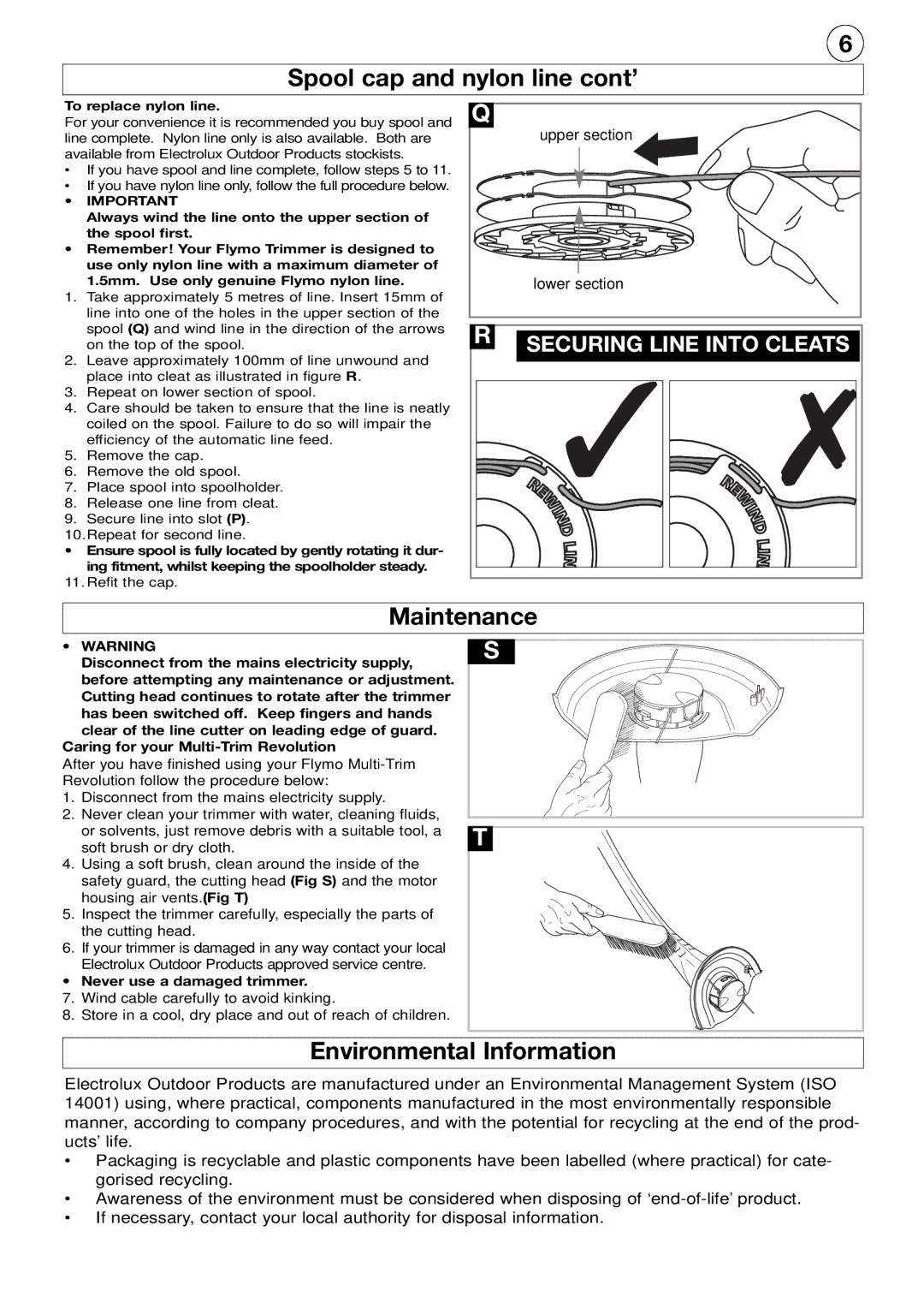 Flymo Edger And Trimmer manual Spool cap and nylon line cont’, Maintenance, Environmental Information 