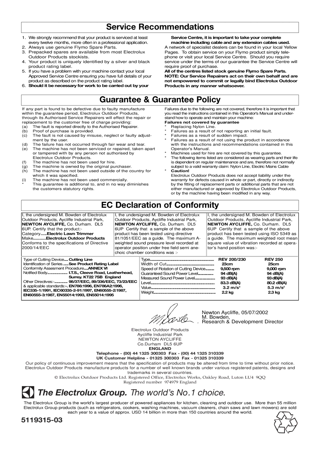 Flymo Edger And Trimmer manual Service Recommendations, Guarantee & Guarantee Policy, EC Declaration of Conformity 