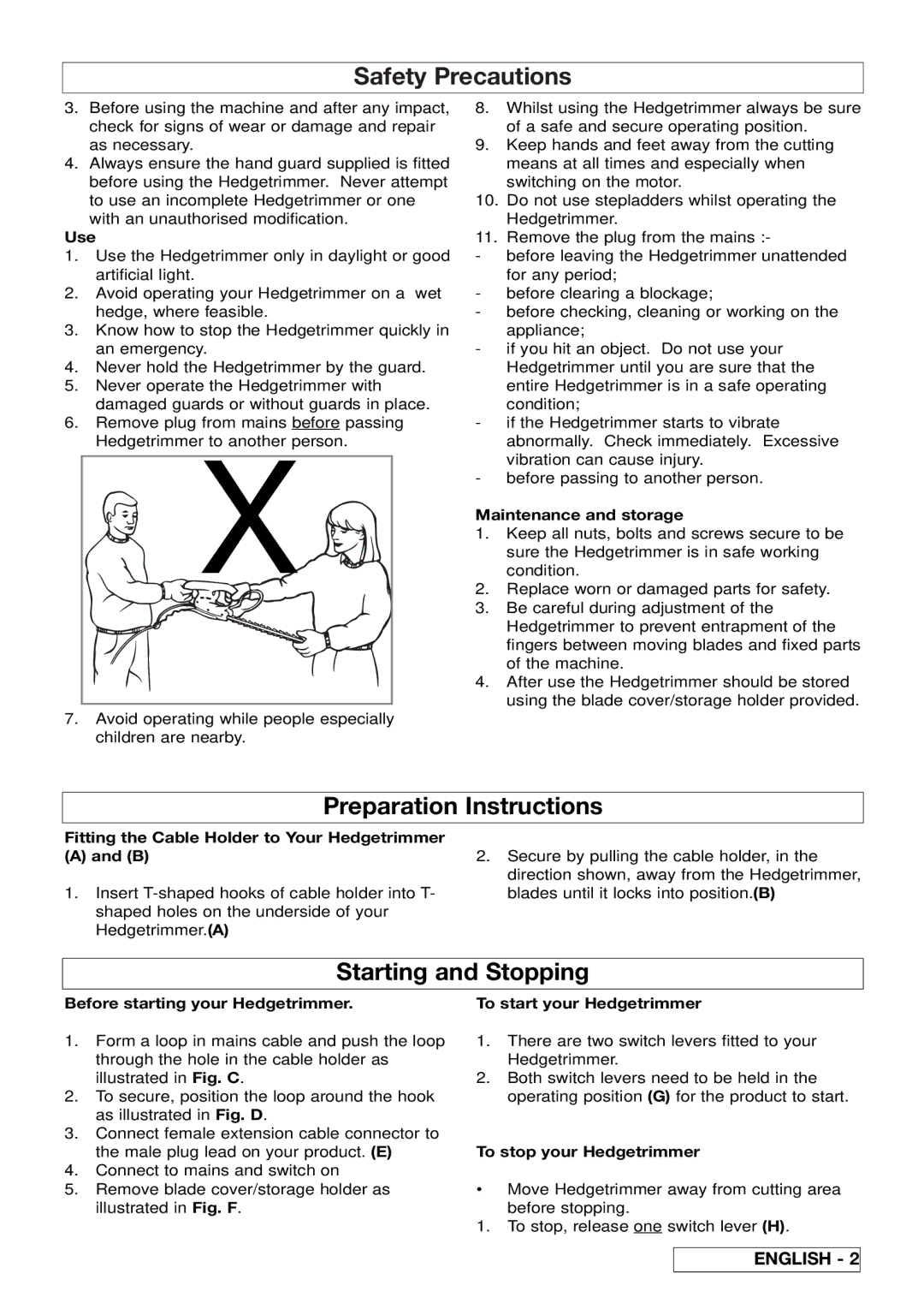 Flymo EHT 450s, EHT 420, EHT 530s manual Preparation Instructions, Starting and Stopping 