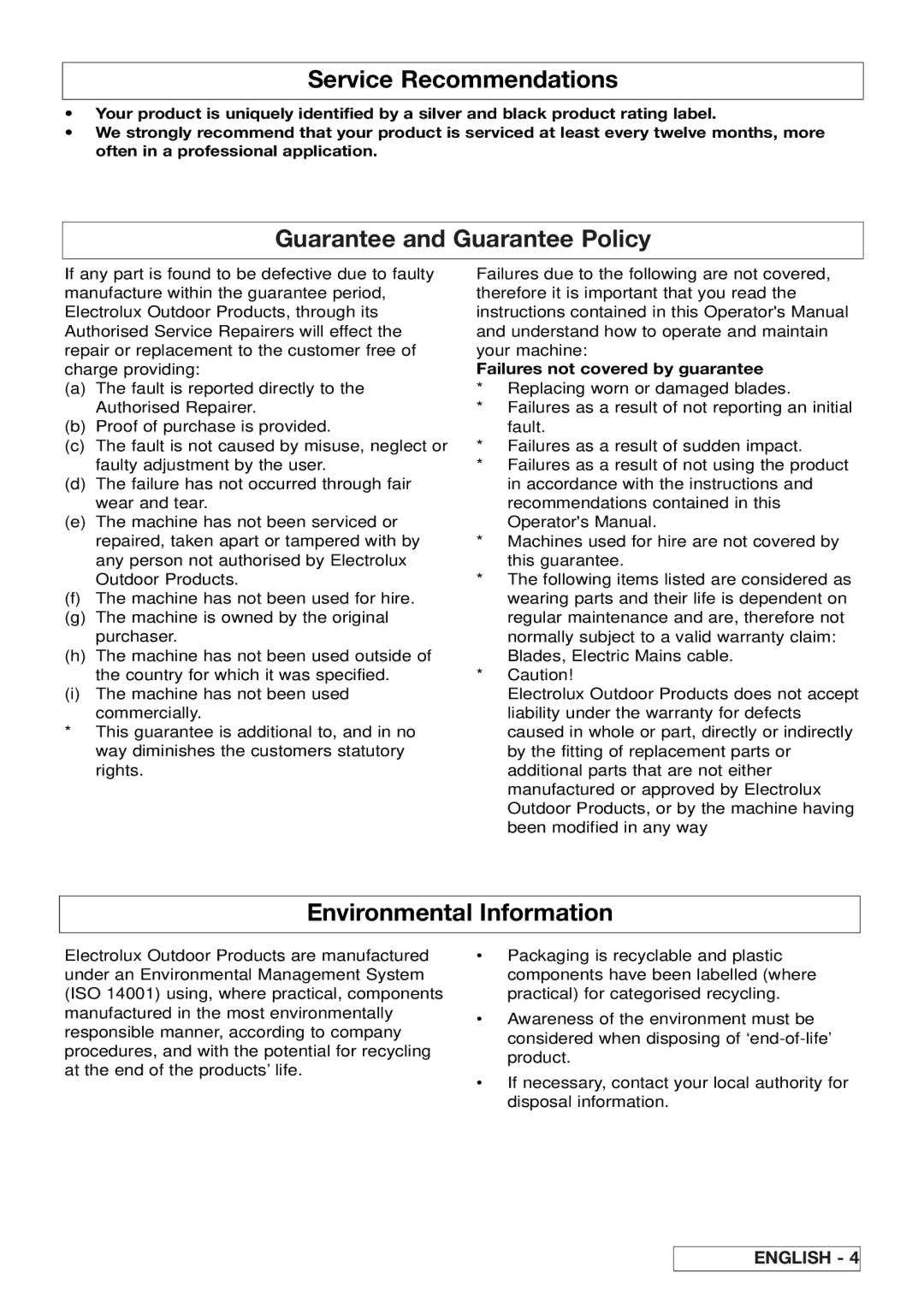 Flymo EHT 420, EHT 450s, EHT 530s manual Service Recommendations, Guarantee and Guarantee Policy, Environmental Information 