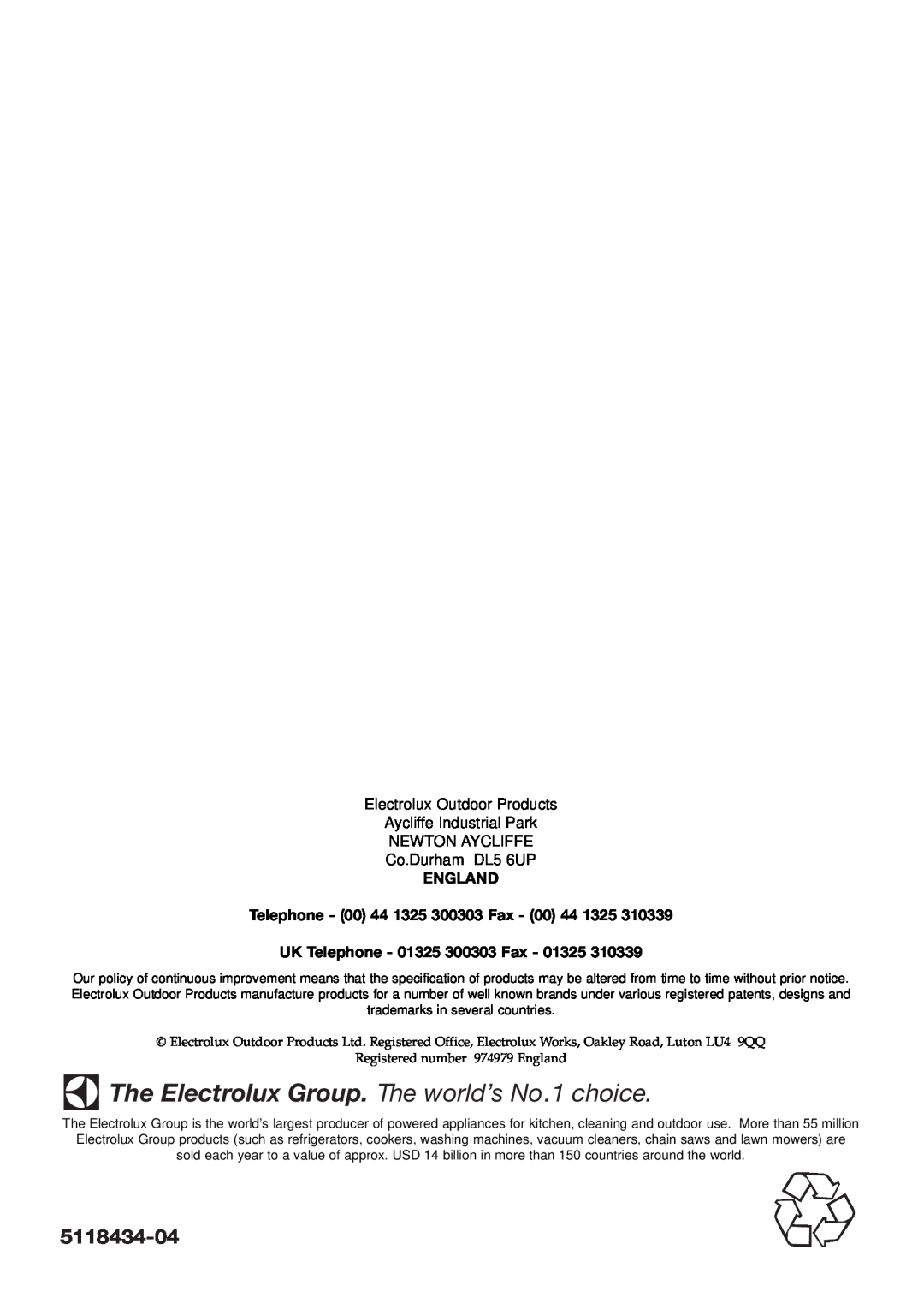 Flymo EHT 450s, EHT 420, EHT 530s manual The Electrolux Group. The world’s No.1 choice, 5118434-04, Co.Durham DL5 6UP 