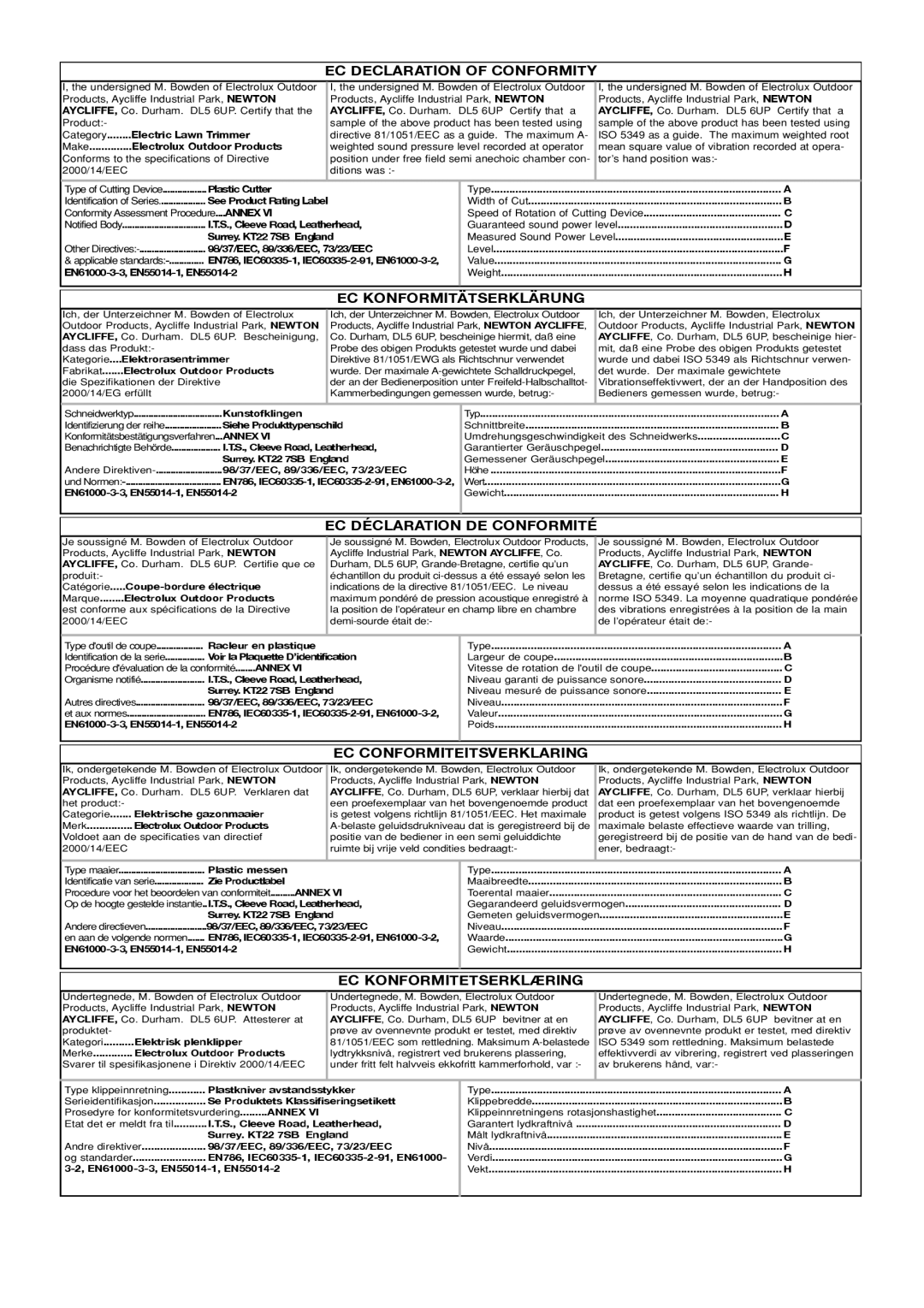 Flymo Electric Lawn Mower manual Ec Declaration Of Conformity, Ec Konformitätserklärung, Ec Déclaration De Conformité 