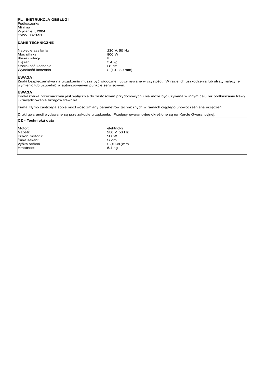 Flymo Electric Lawn Mower manual Pl - Instrukcja Obsługi, Dane Techniczne, Uwaga, CZ - Technická data 