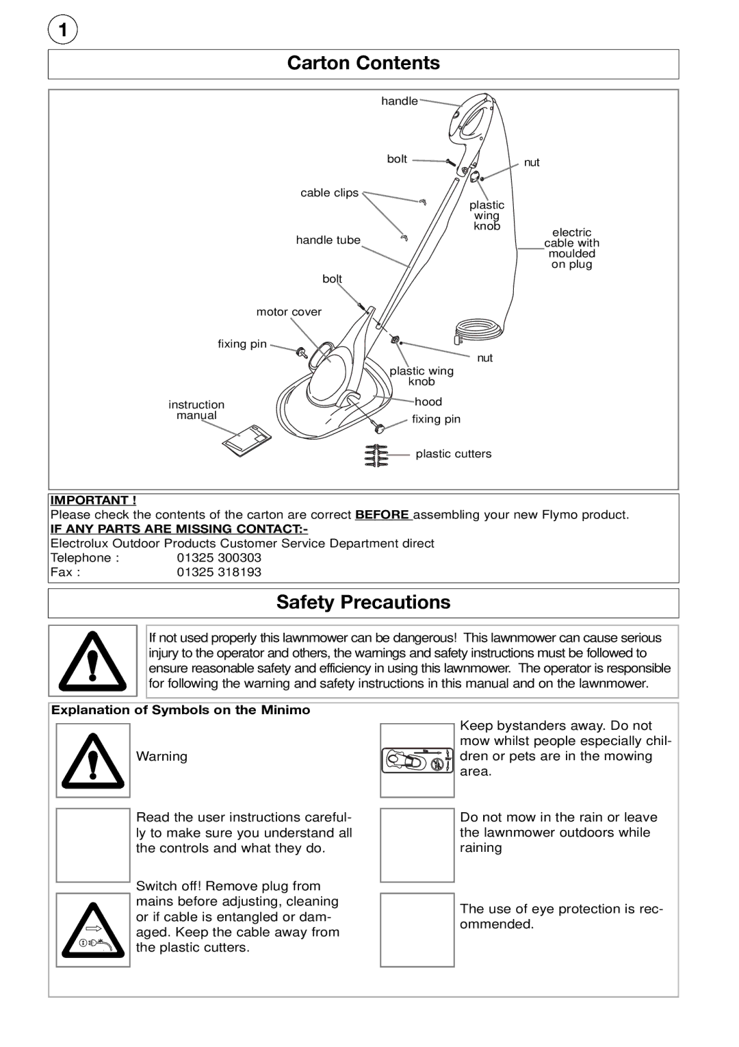 Flymo Electric Lawn Trimmer manual Carton Contents, Safety Precautions 