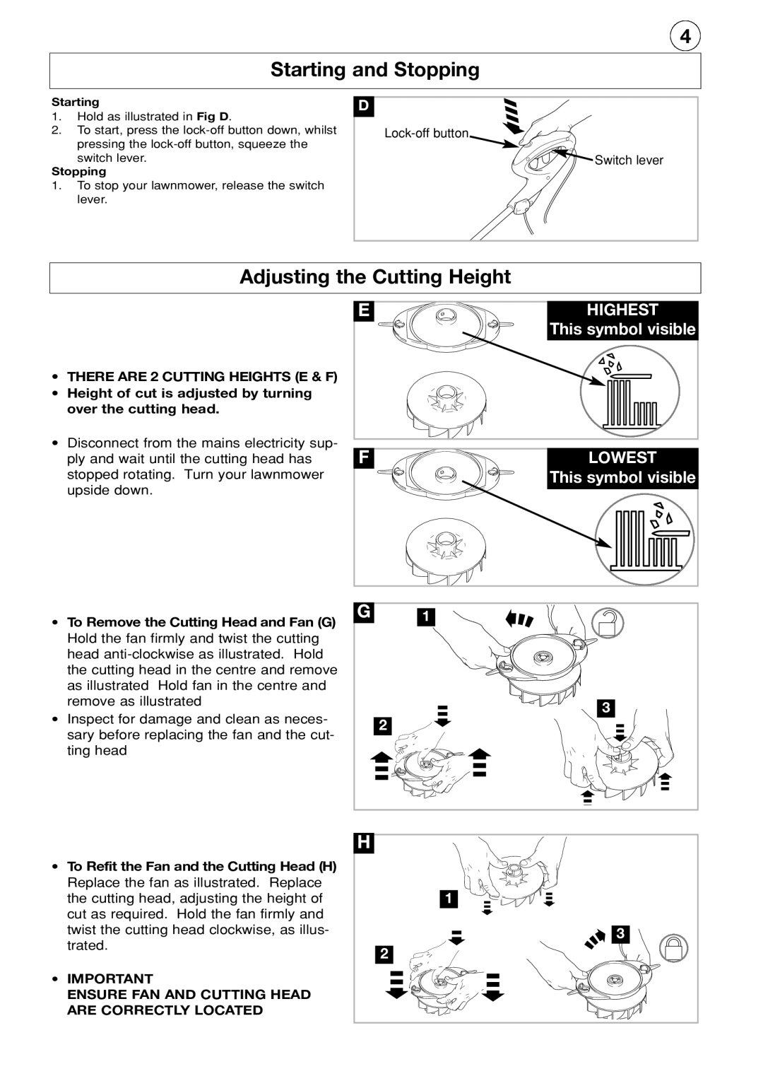 Flymo Electric Lawn Trimmer Starting and Stopping, Adjusting the Cutting Height, To Remove the Cutting Head and Fan G 