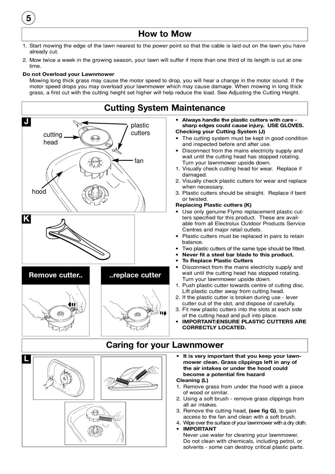 Flymo Electric Lawn Trimmer manual How to Mow, Cutting System Maintenance, Caring for your Lawnmower 