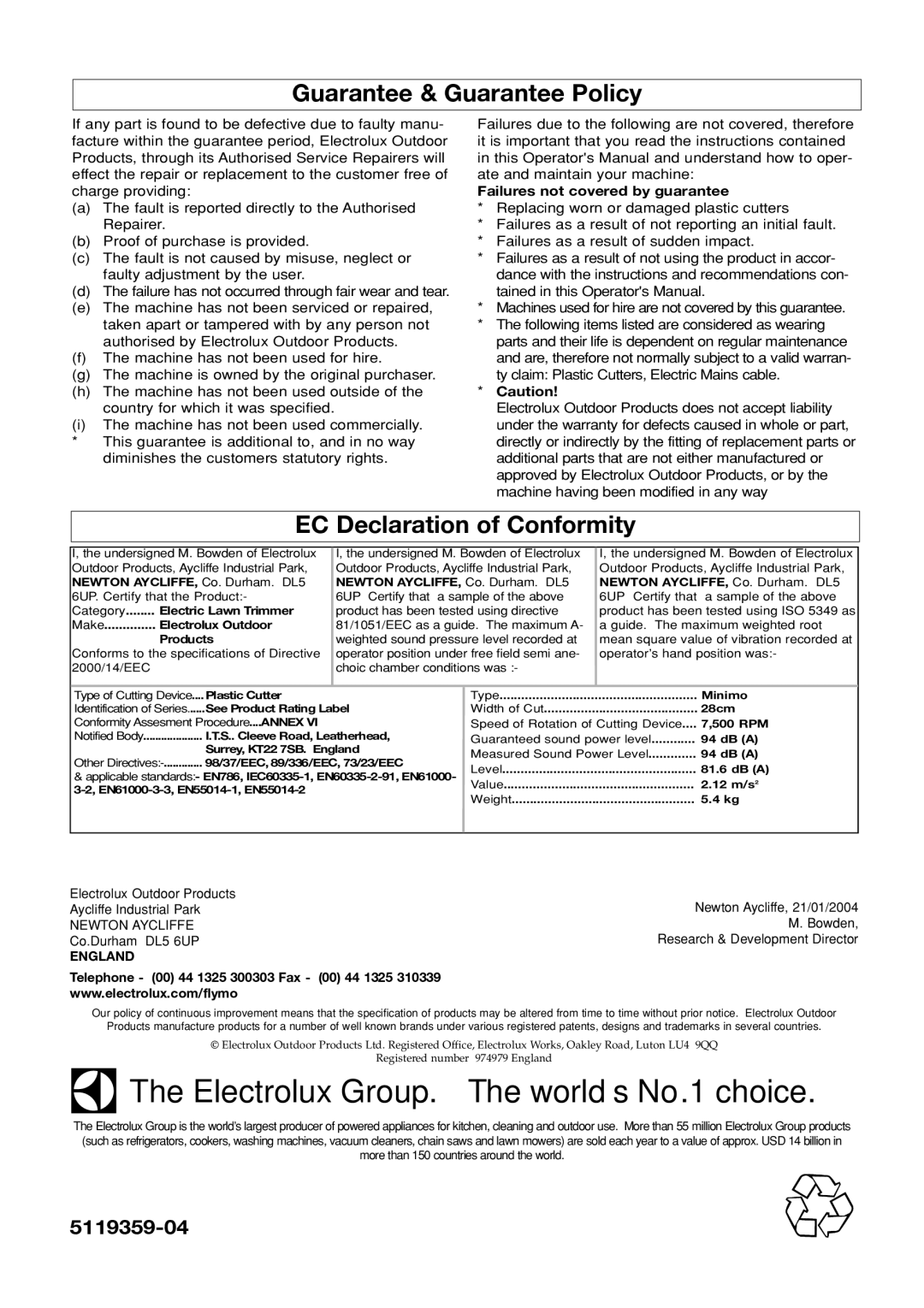 Flymo Electric Lawn Trimmer Guarantee & Guarantee Policy, EC Declaration of Conformity, Failures not covered by guarantee 