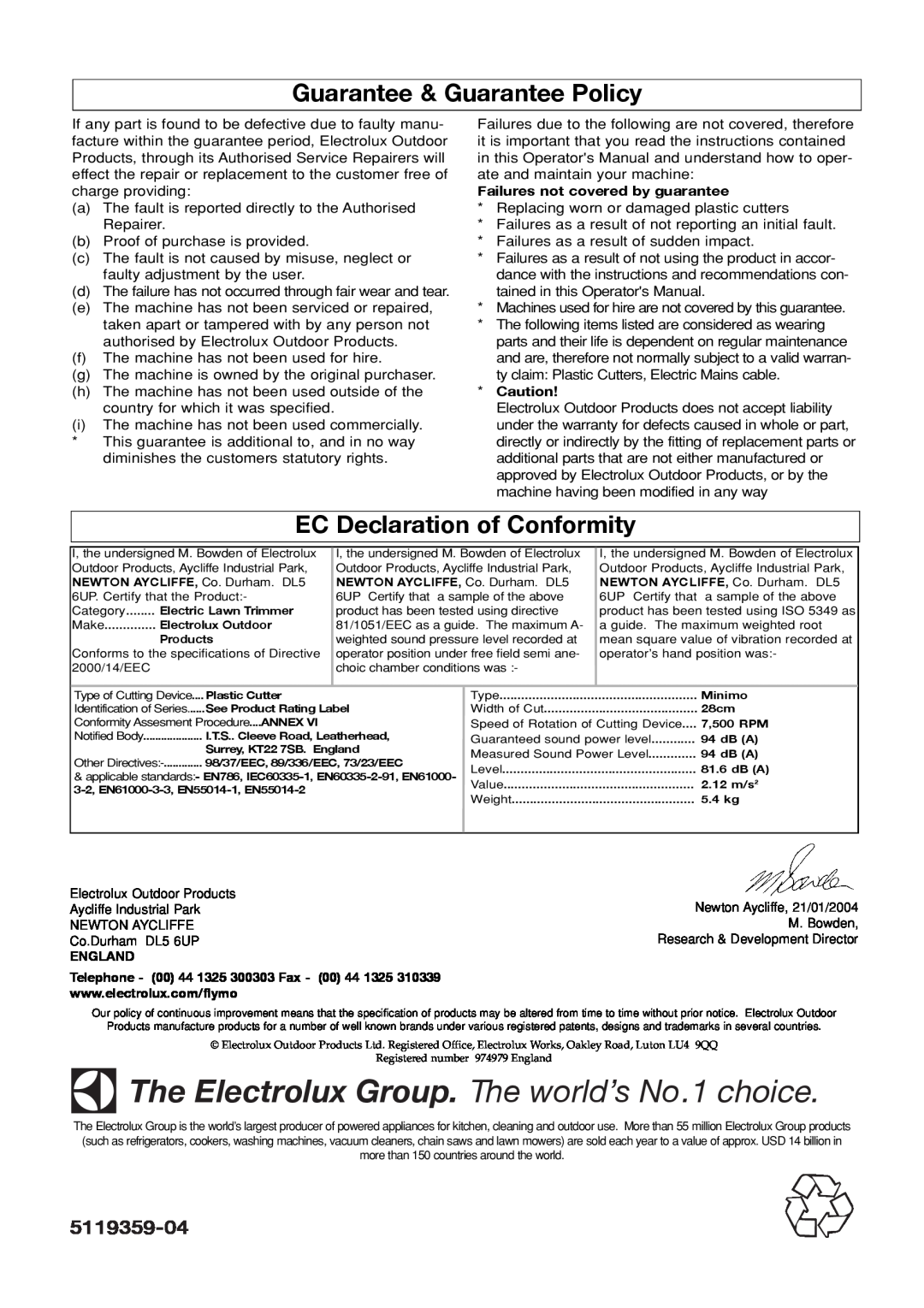 Flymo Electric Lawn Trimmer manual Guarantee & Guarantee Policy, EC Declaration of Conformity, 5119359-04 