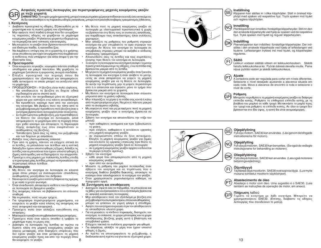 Flymo FL510D manual Κατάρτιση, II. Προετοιμασία, IV. Συντήρηση και αποθήκευση, Ρύθμιση, Πλήρωση λαδιού 