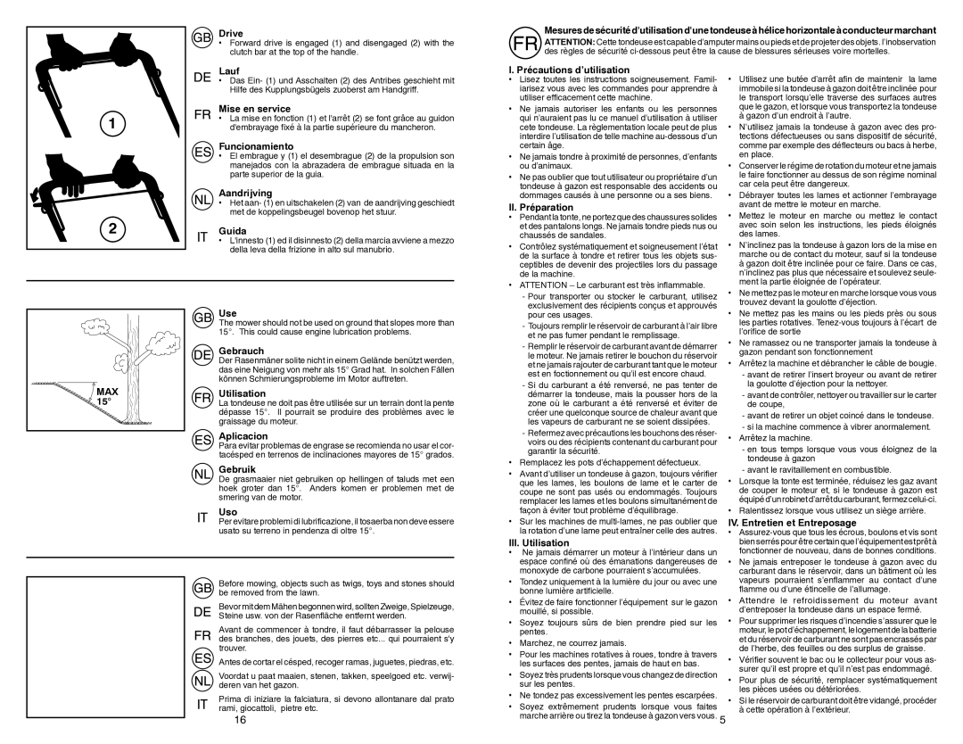 Flymo FL510DE Drive, Lauf, Mise en service, Funcionamiento, Aandrijving, Guida, Précautions d’utilisation, II. Préparation 