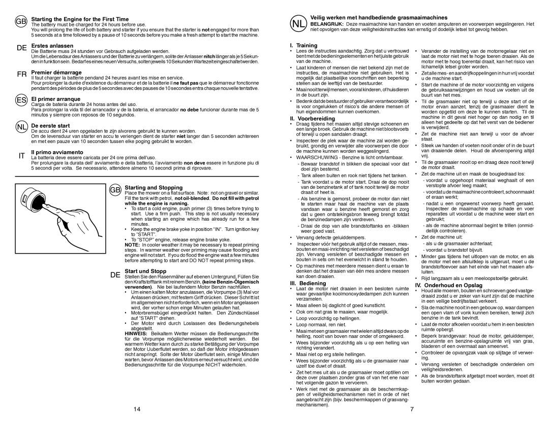 Flymo FL510DE Starting the Engine for the First Time, Veilig werken met handbediende grasmaaimachines, Erstes anlassen 