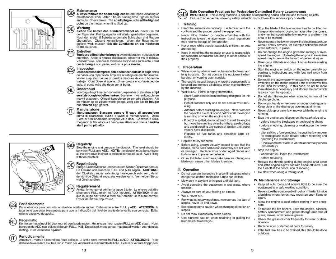 Flymo FL521D Maintenance, Wartung, Entretien, Inspeccion, Onderhoud, Manutenzione, Training, II. Preparation, Regularly 