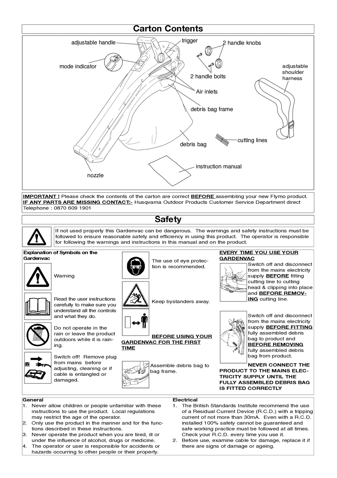 Flymo Garden Vac manual Carton Contents, Safety 