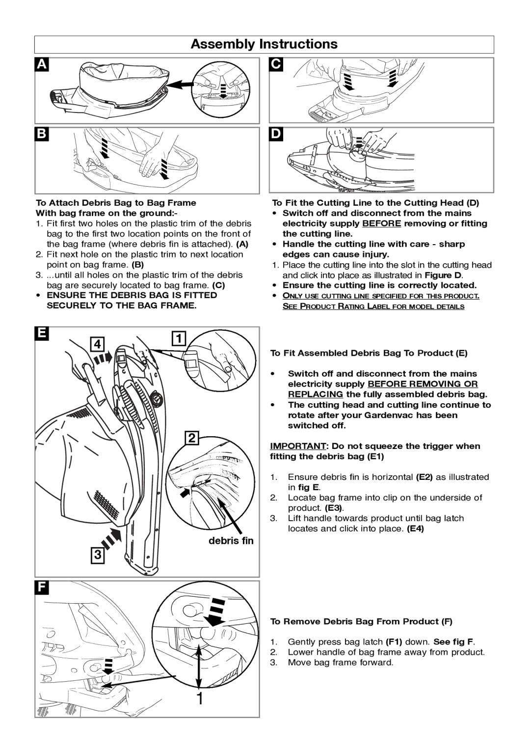 Flymo Garden Vac Ensure the Debris BAG is Fitted Securely to the BAG Frame, Ensure the cutting line is correctly located 