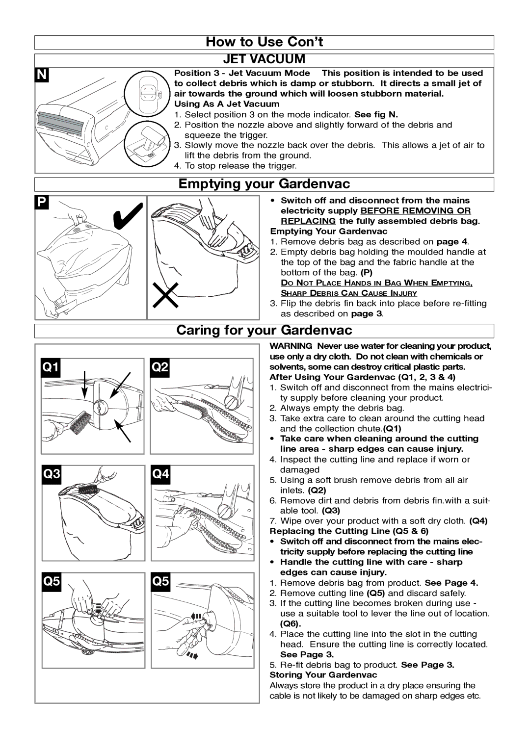 Flymo Garden Vac manual How to Use Con’t, Emptying your Gardenvac, Caring for your Gardenvac, JET Vacuum 