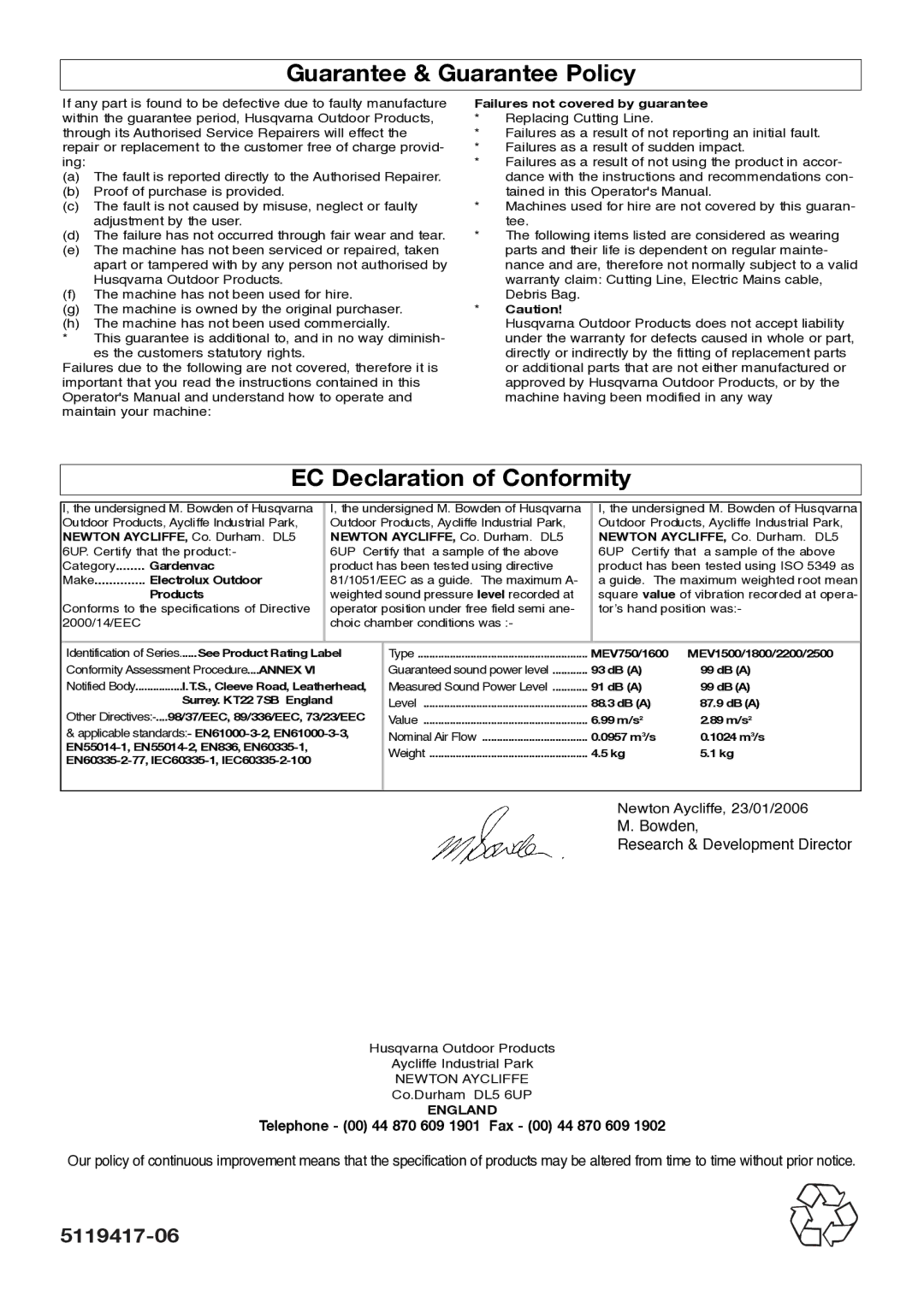 Flymo Garden Vac manual Guarantee & Guarantee Policy, EC Declaration of Conformity, Bowden Research & Development Director 