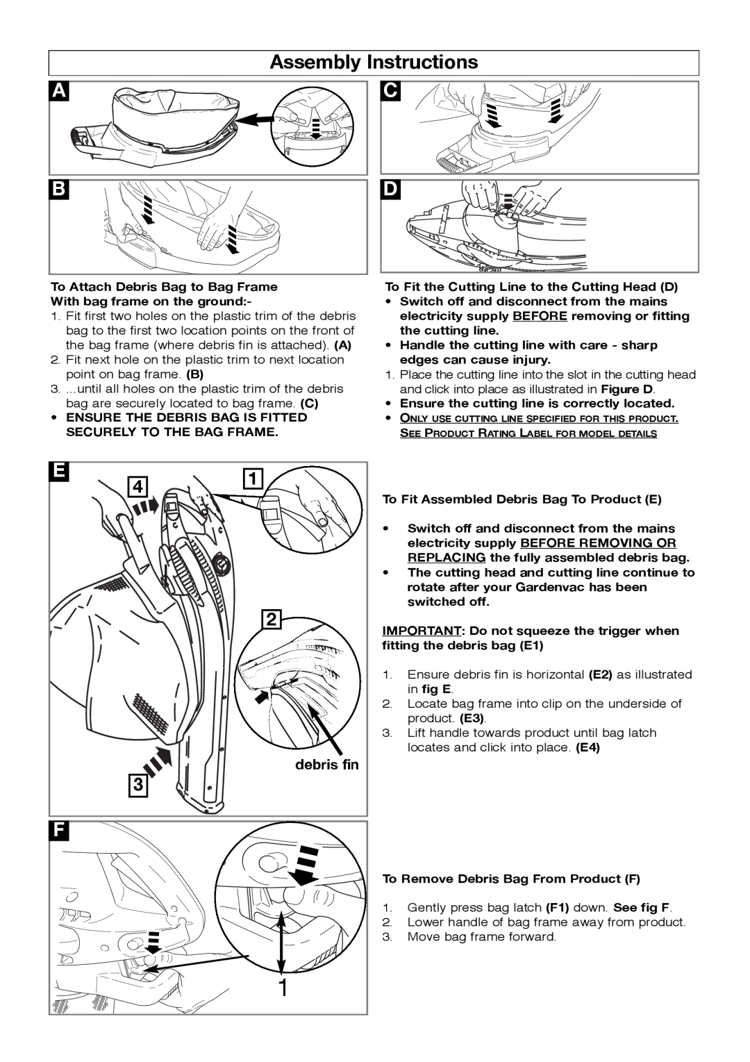 Flymo Garden Vac manual Assembly Instructions, debris fin 