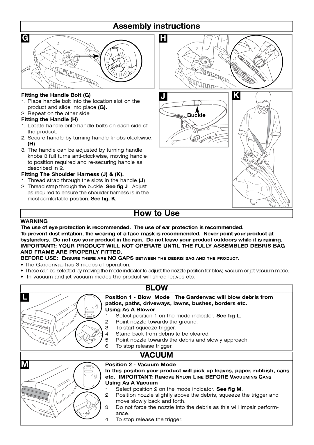 Flymo Garden Vac manual Assembly instructions, How to Use, Blow, Vacuum, Buckle 