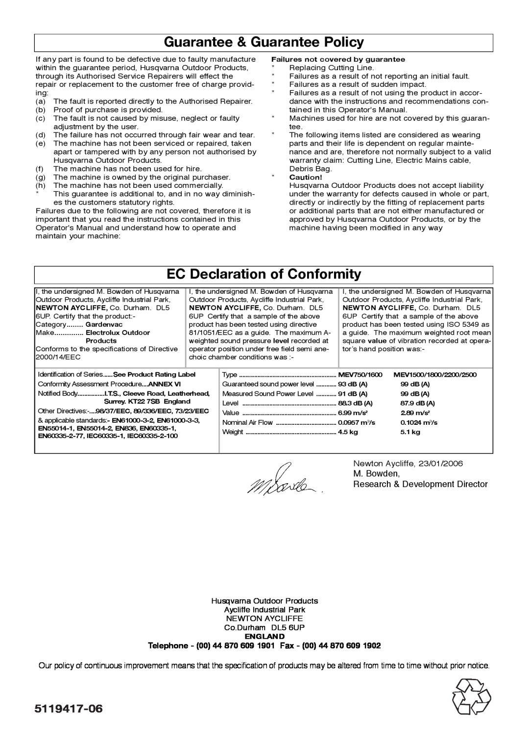 Flymo Garden Vac manual Guarantee & Guarantee Policy, EC Declaration of Conformity, 5119417-06, England 