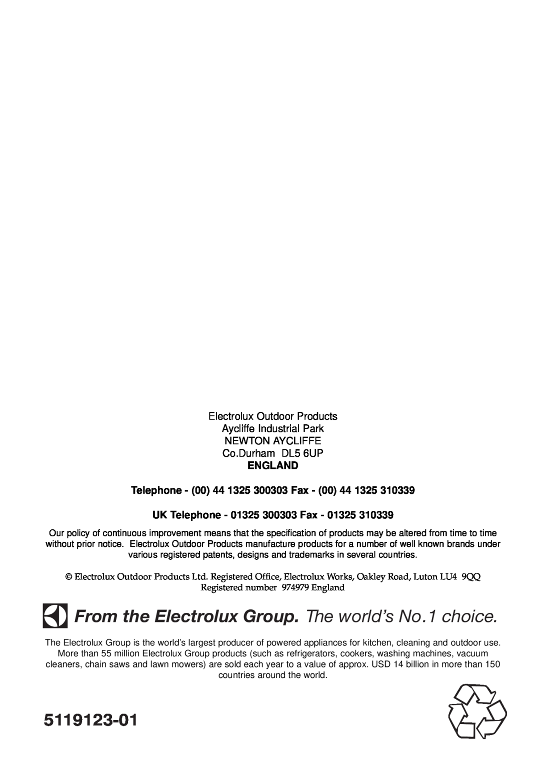Flymo GT500 instruction manual From the Electrolux Group. The world’s No.1 choice, 5119123-01, Co.Durham DL5 6UP 