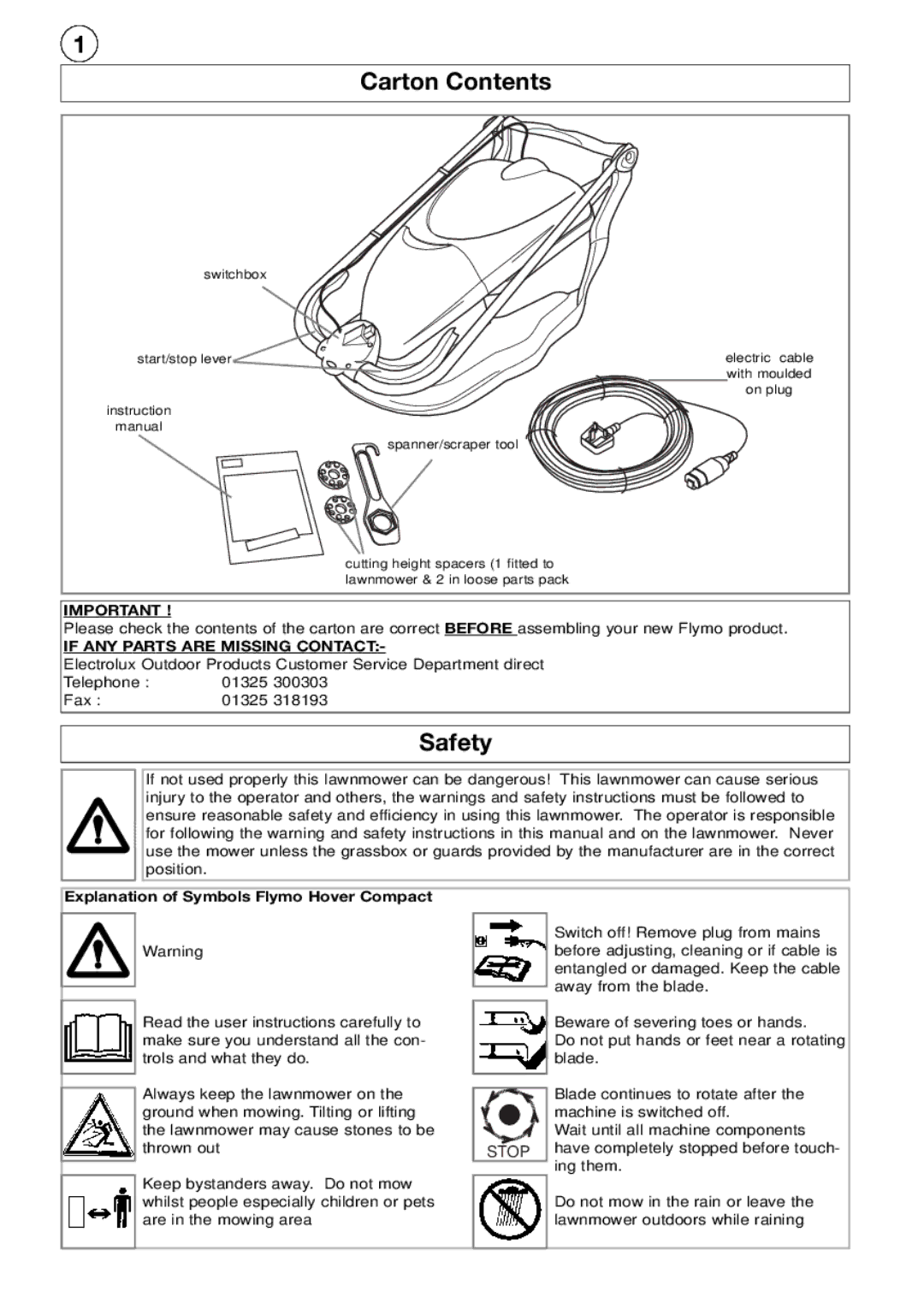 Flymo Hover Compact manual Carton Contents, Safety 