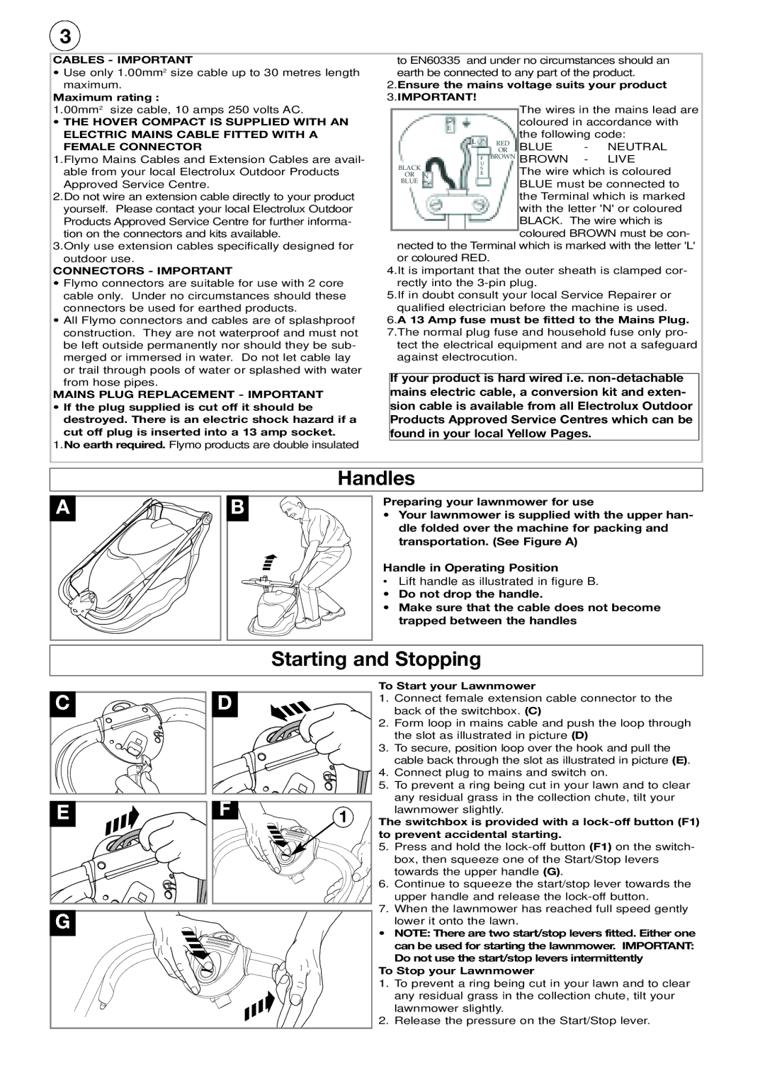 Flymo Hover Compact manual Handles, Starting and Stopping 