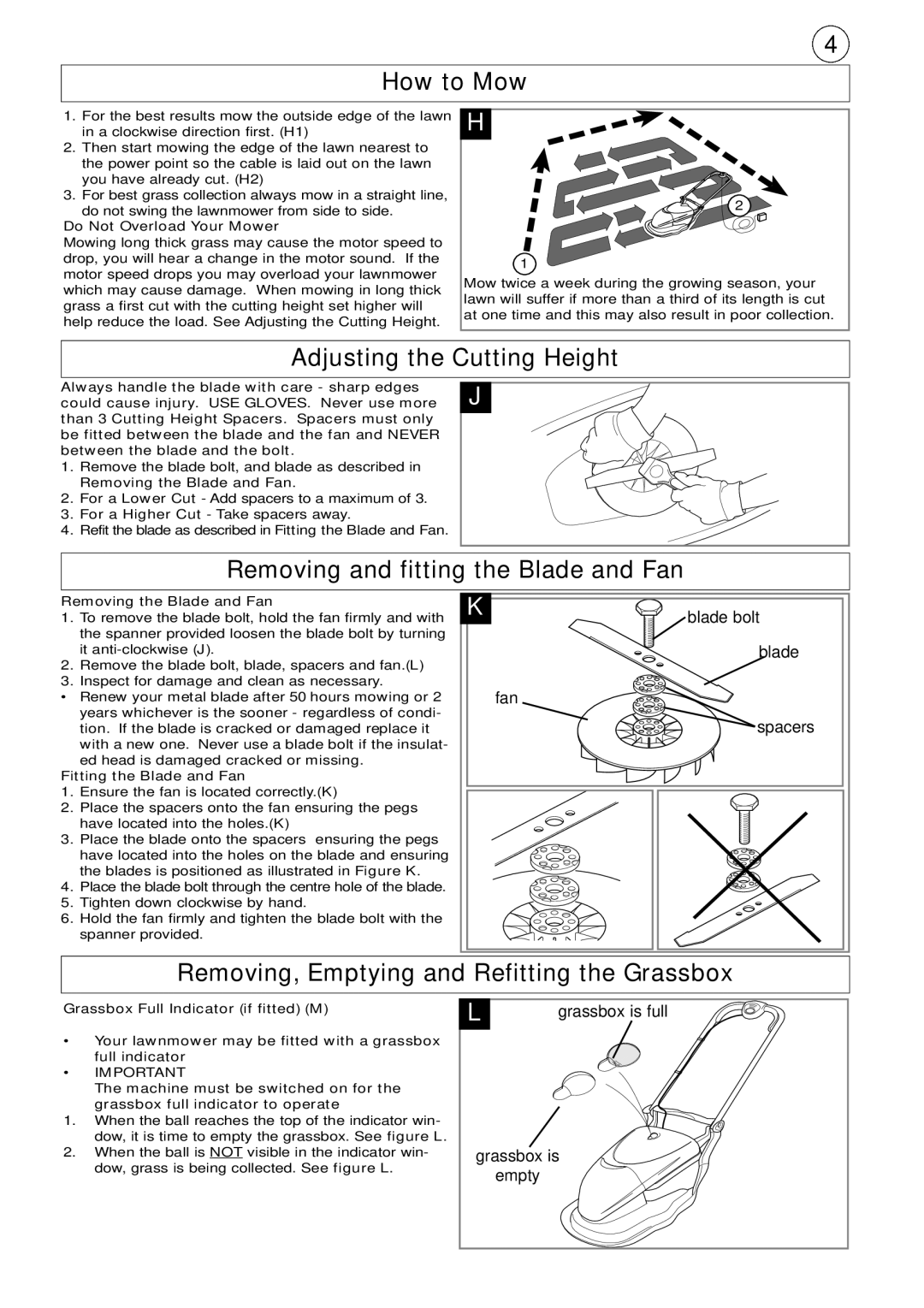 Flymo Hover Compact manual How to Mow, Adjusting the Cutting Height, Removing and fitting the Blade and Fan 