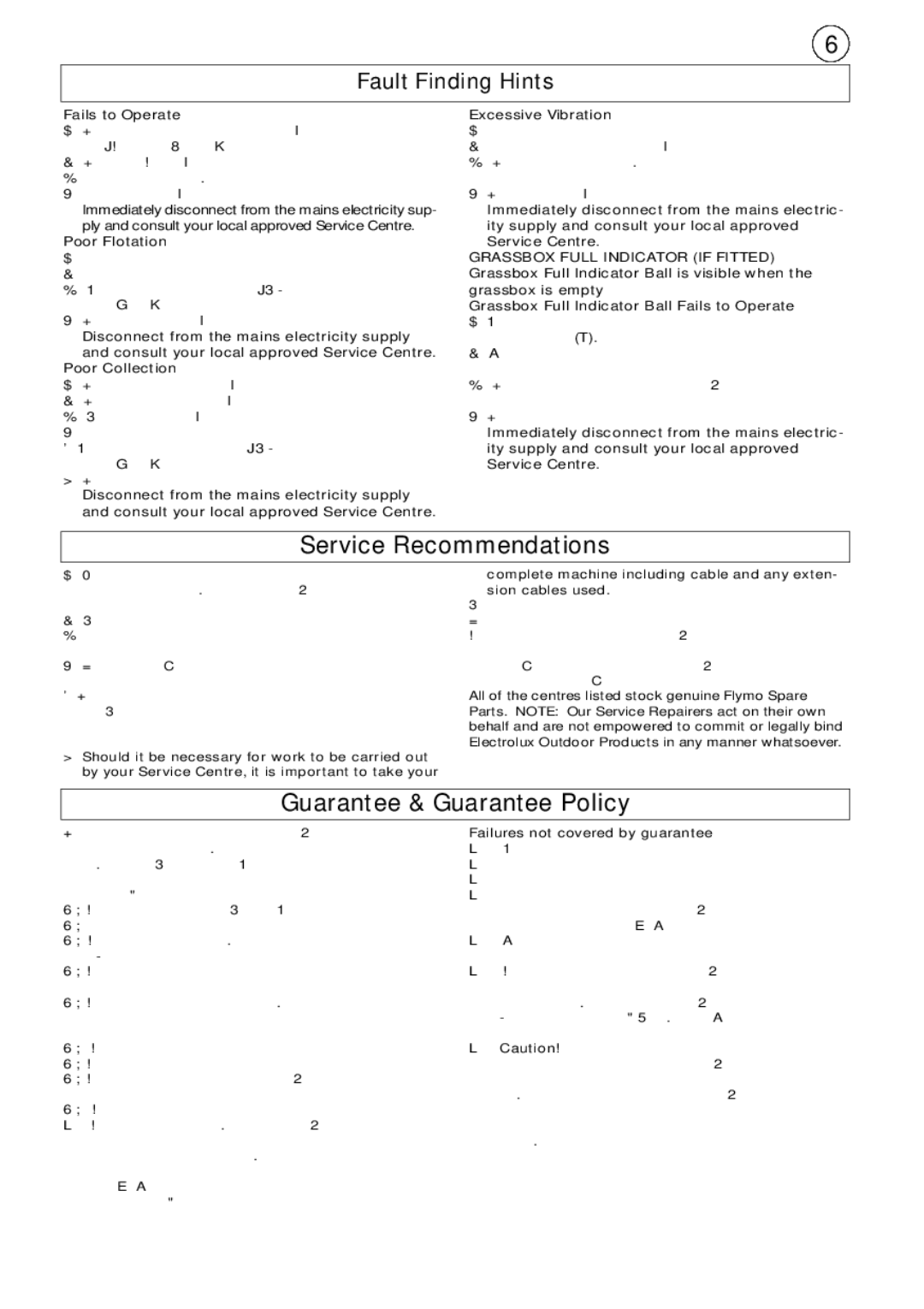 Flymo Hover Compact manual Service Recommendations, Guarantee & Guarantee Policy, Fails to Operate 