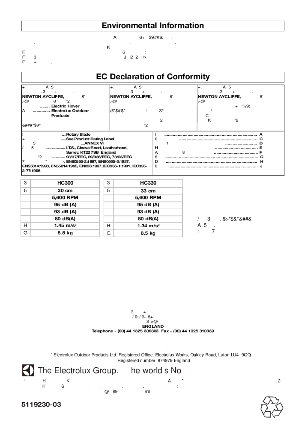 Flymo Hover Compact manual Environmental Information, EC Declaration of Conformity, HC300 HC330, Bowden 