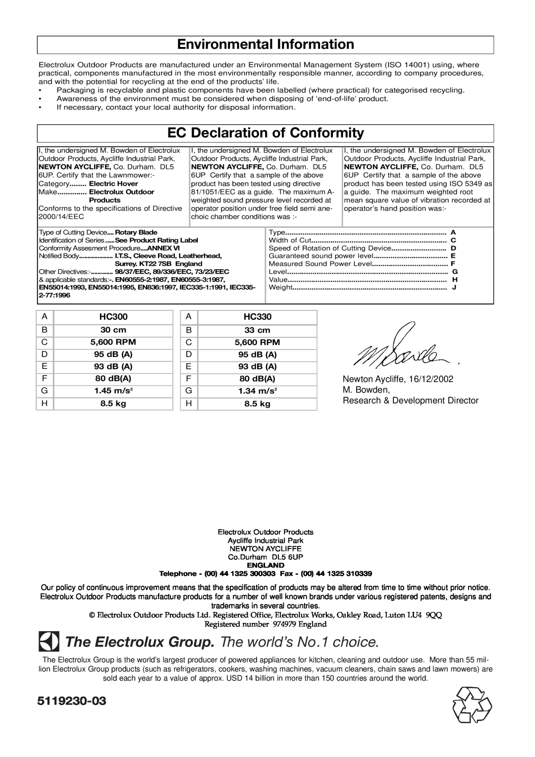 Flymo Hover Compact manual Environmental Information, EC Declaration of Conformity, HC300, HC330, 5119230-03 