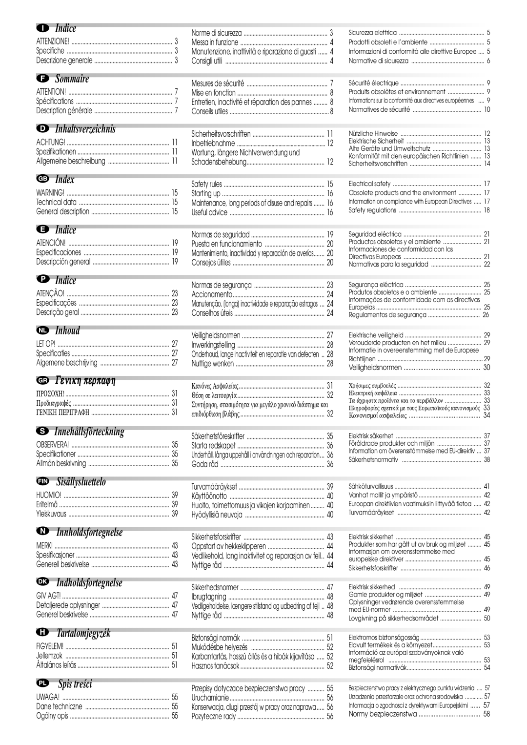 Flymo HT 5-50, HT 6-70, HT 6-60, HT 5-60 owner manual Indice 