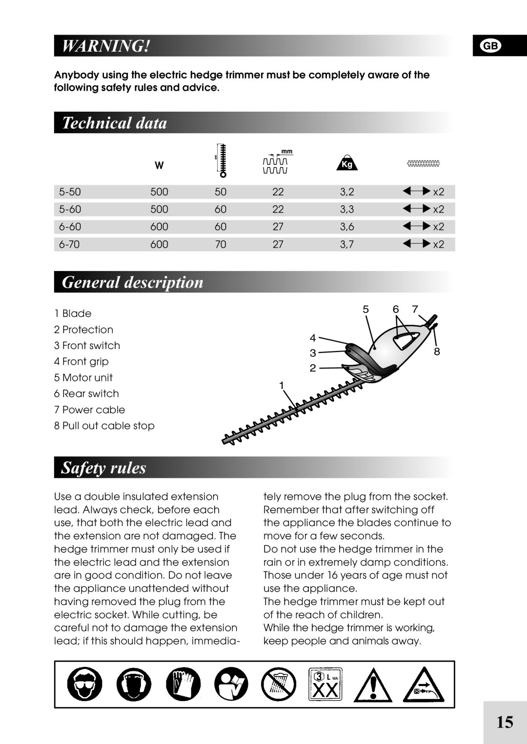 Flymo HT 5-60, HT 6-70, HT 6-60, HT 5-50 owner manual Technical data, General description, Safety rules 