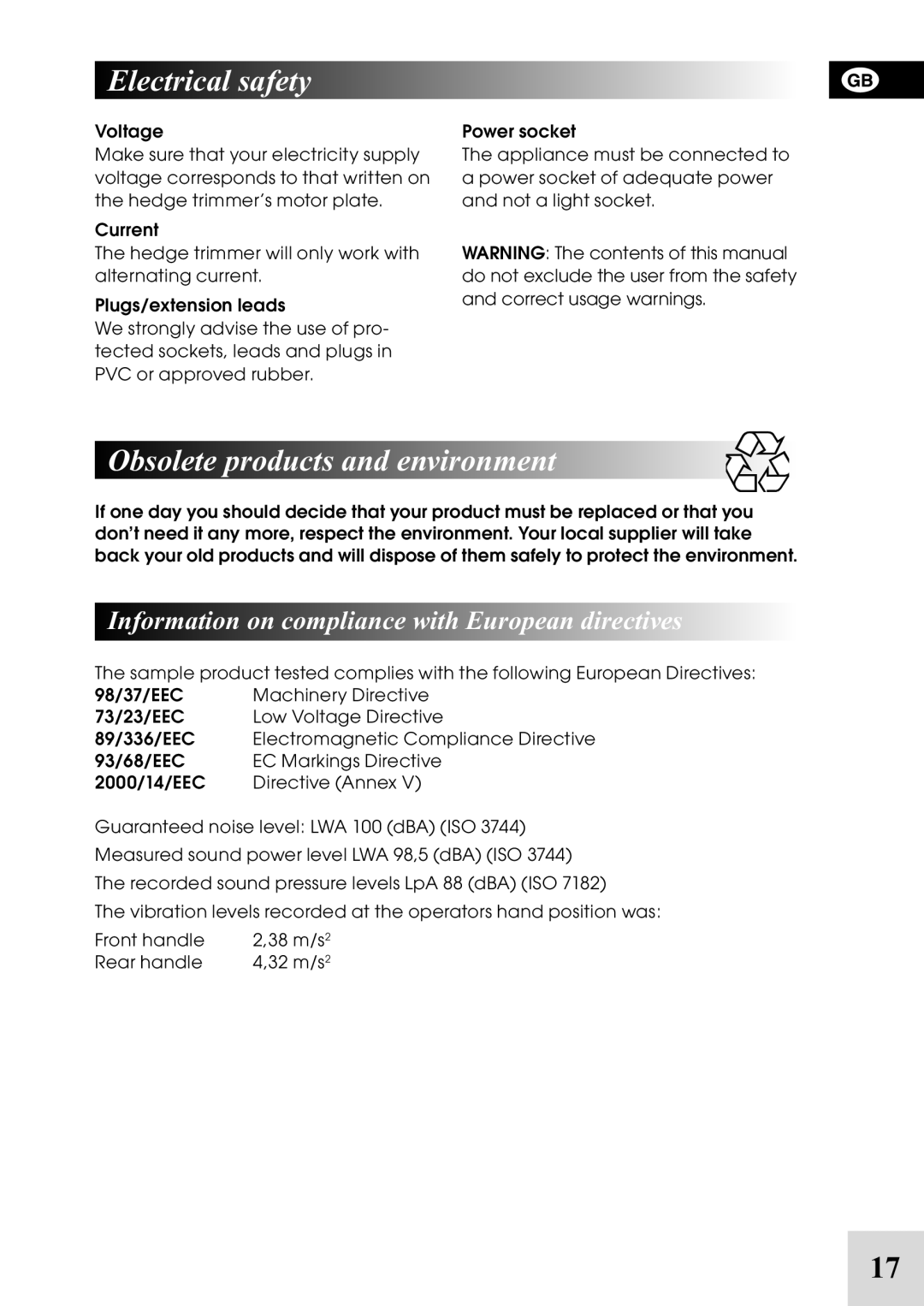 Flymo HT 6-60, HT 6-70, HT 5-50, HT 5-60 owner manual Electrical safety, Obsolete products and environment 