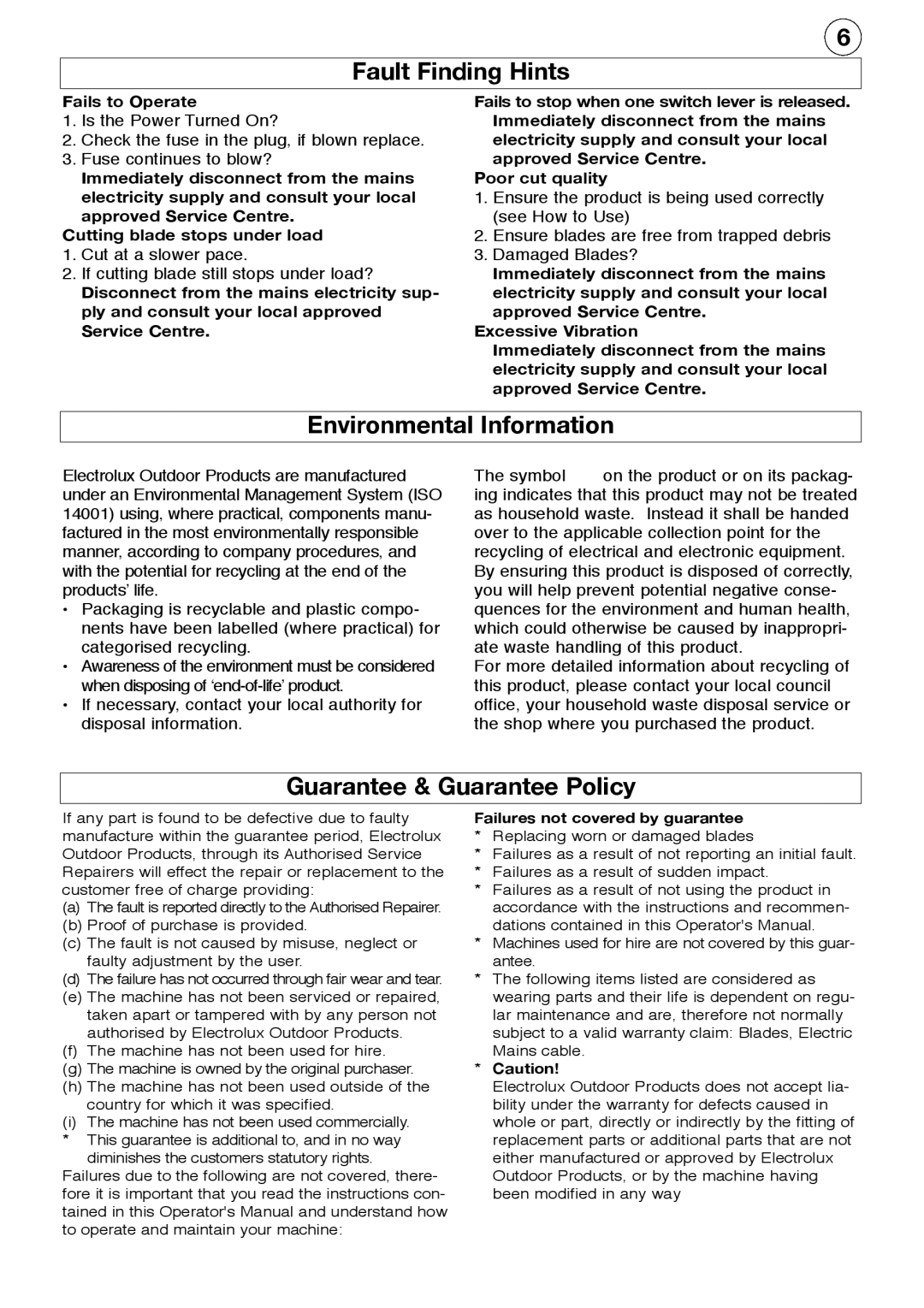 Flymo HT60, HT450, HT42, HT51 Fault Finding Hints, Environmental Information, Guarantee & Guarantee Policy, Fails to Operate 