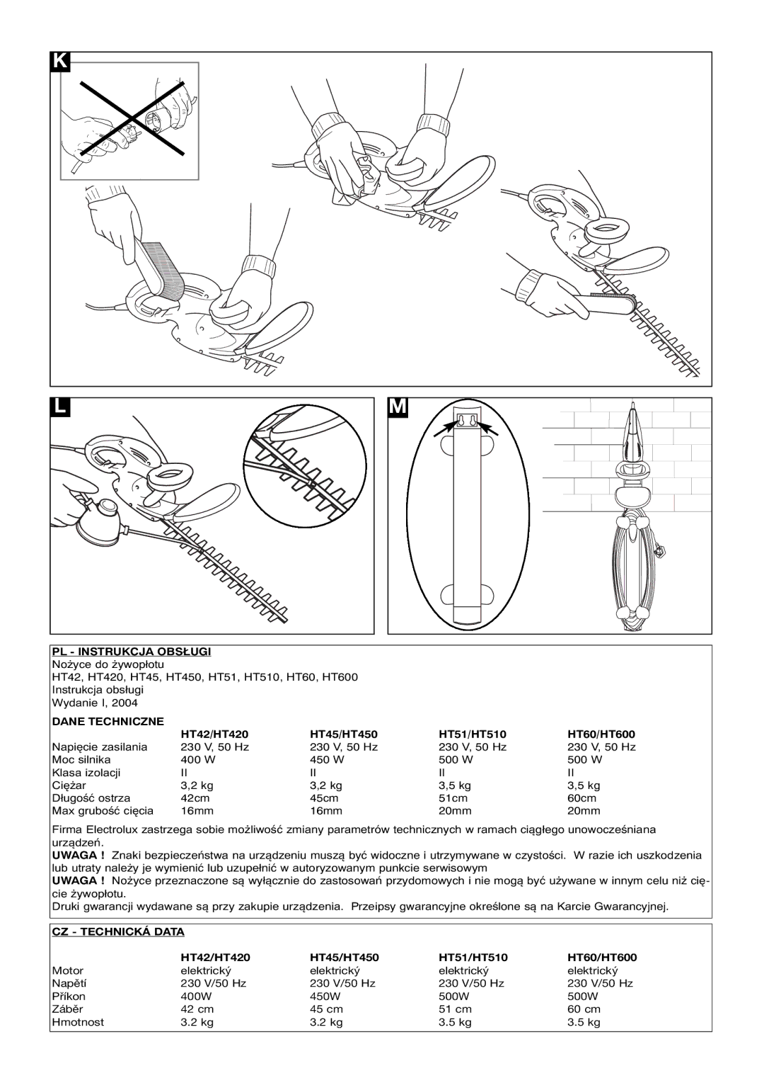 Flymo HT51/510, HT42/420, HT60/600, HT45/450 manual PL Instrukcja Obsługi, Dane Techniczne, CZ Technická Data 